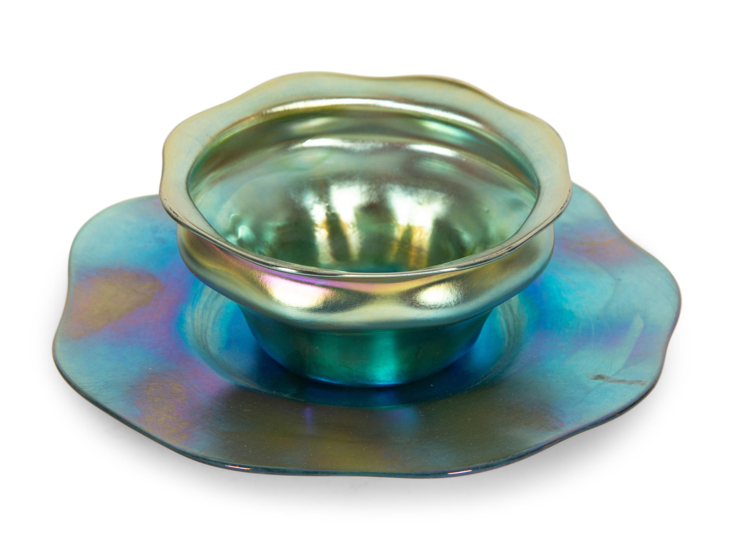 A Pair of Tiffany Studios Blue Favrile Glass Dessert Bowls and Plates