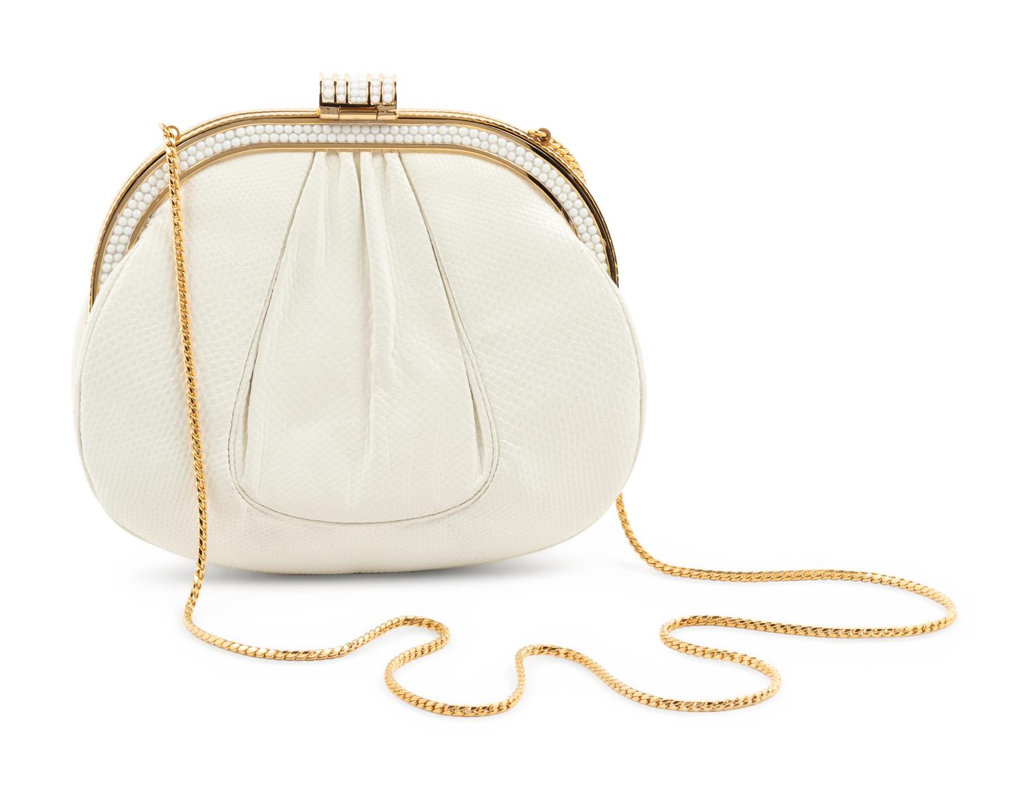 Judith Leiber White Karung Shirred Bag with White Rhinestones