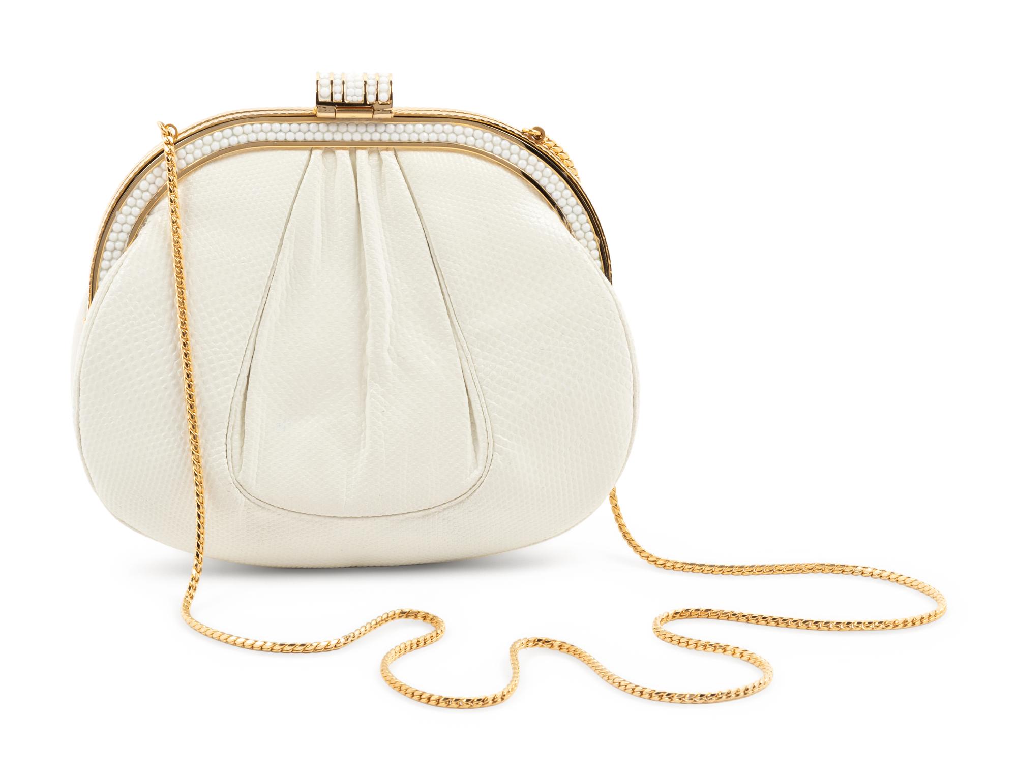 Judith Leiber White Karung Shirred Bag with White Rhinestones