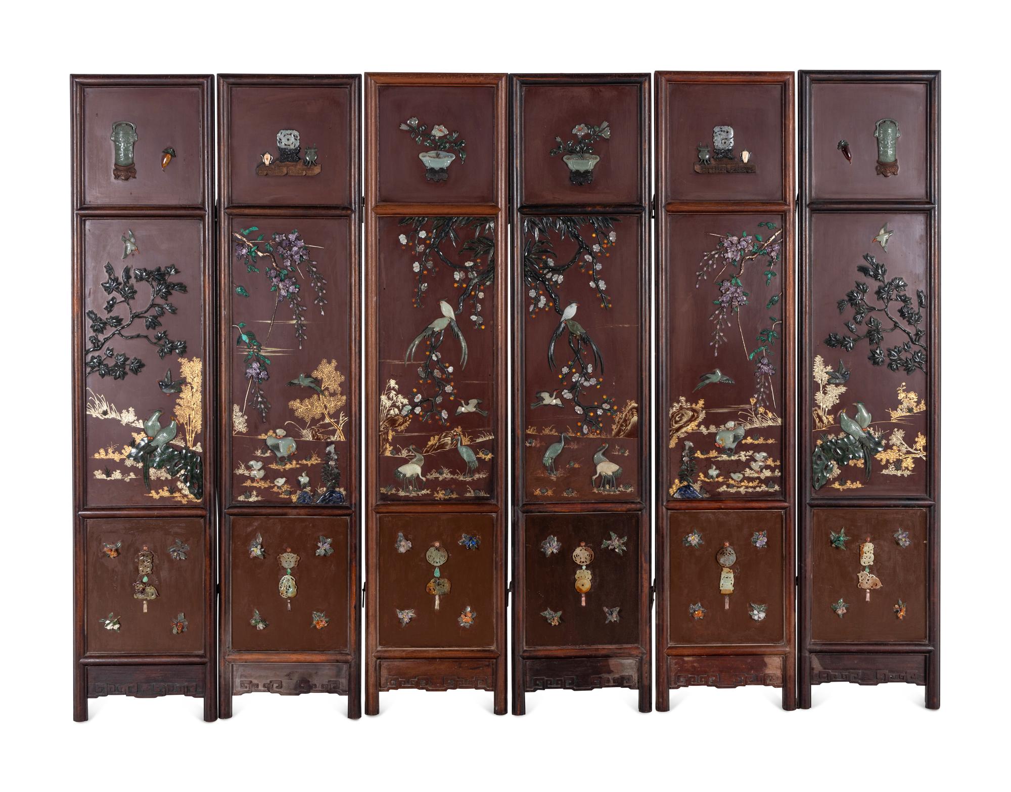 A Chinese Hardstone-Inlaid Six-Panel Floor Screen