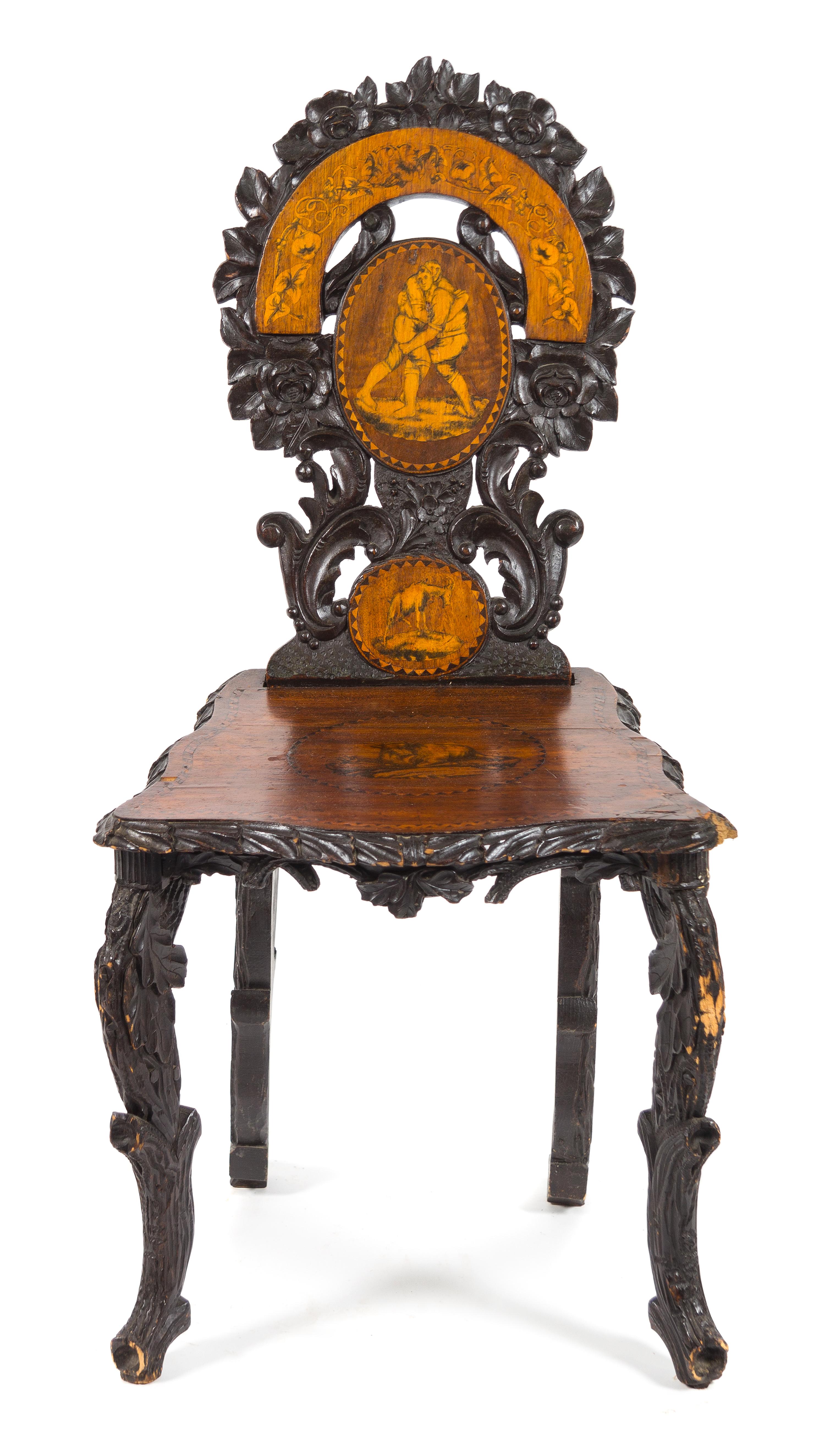 A Black Forest Parquetry and Stenciled Wood Side Chair Height 35 inches. — 19TH/20TH CENTURY