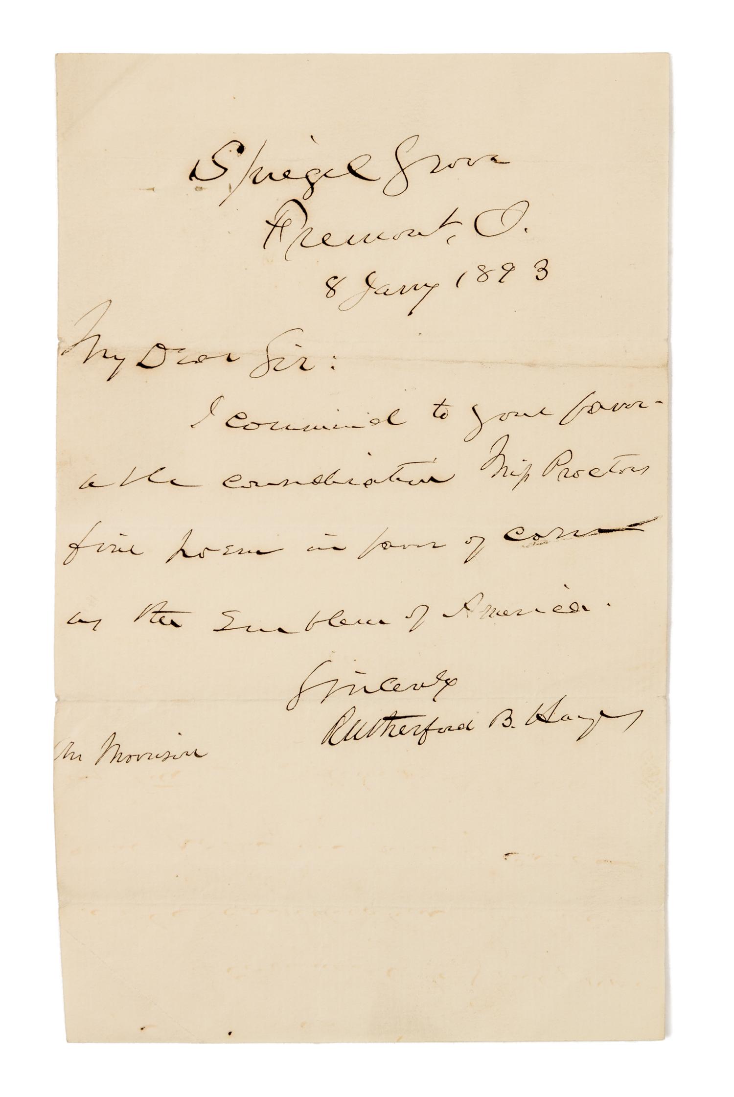HAYES, Rutherford B.. Autographed letter signed ("Rutherford B. Hayes"), to Mr. Morrison, Spiegel Grove. Fremont, O., 8 January 1893.