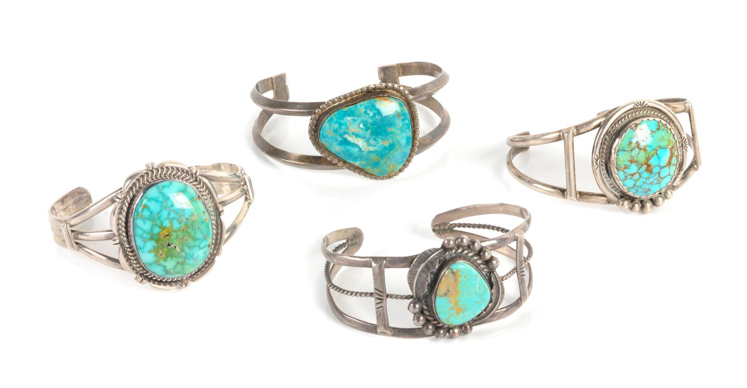 Four Southwestern Silver and Turquoise Bracelets Length of largest 5 1/4 x opening 1 1/8 x width 1 1/4 inches