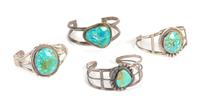 Four Southwestern Silver and Turquoise Bracelets Length of largest 5 1/4 x opening 1 1/8 x width 1 1/4 inches