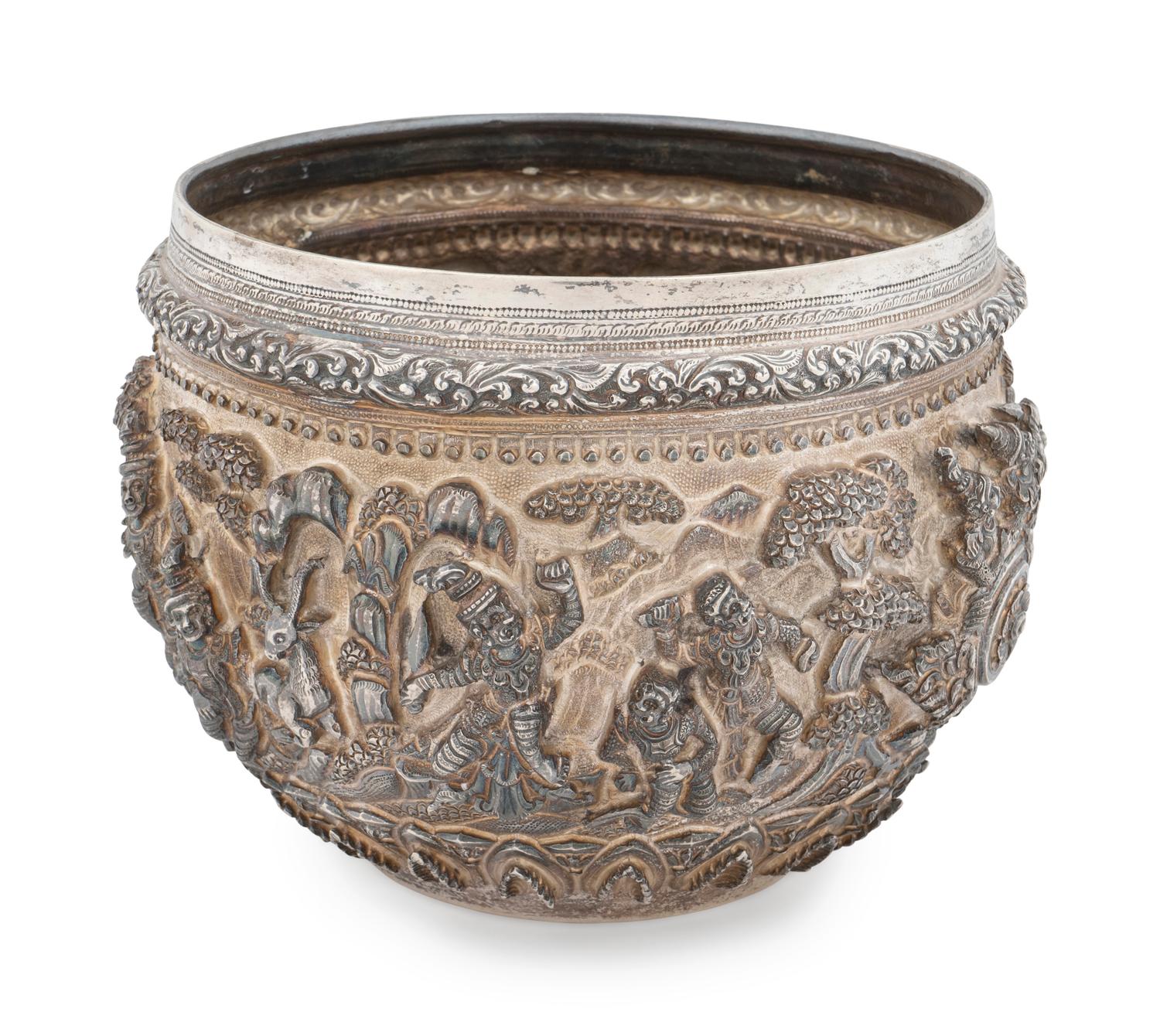 A Burmese Silver Repousse Thabeik Offering Bowl — 20th Century