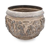 A Burmese Silver Repousse Thabeik Offering Bowl — 20th Century