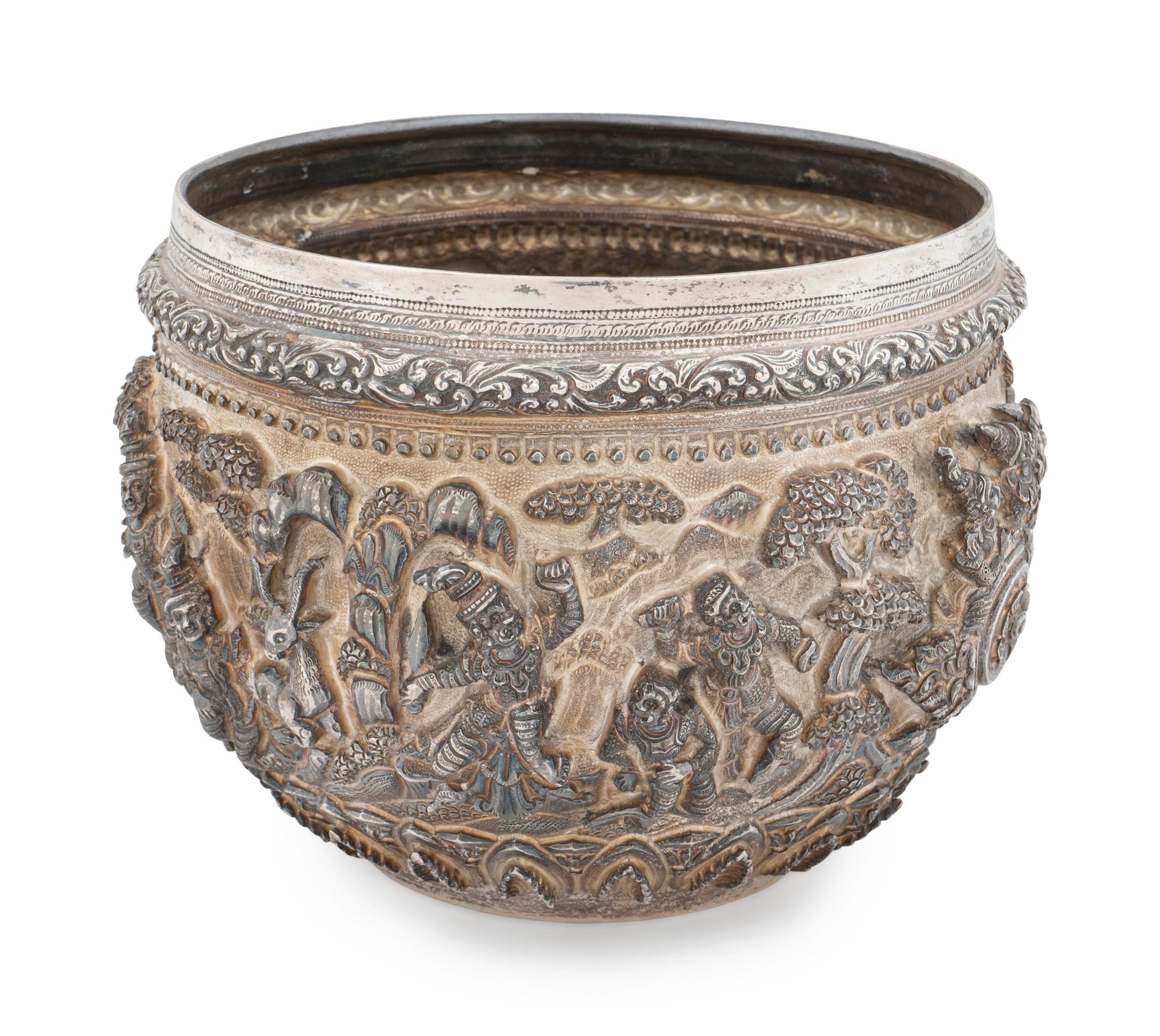 A Burmese Silver Repousse Thabeik Offering Bowl — 20th Century