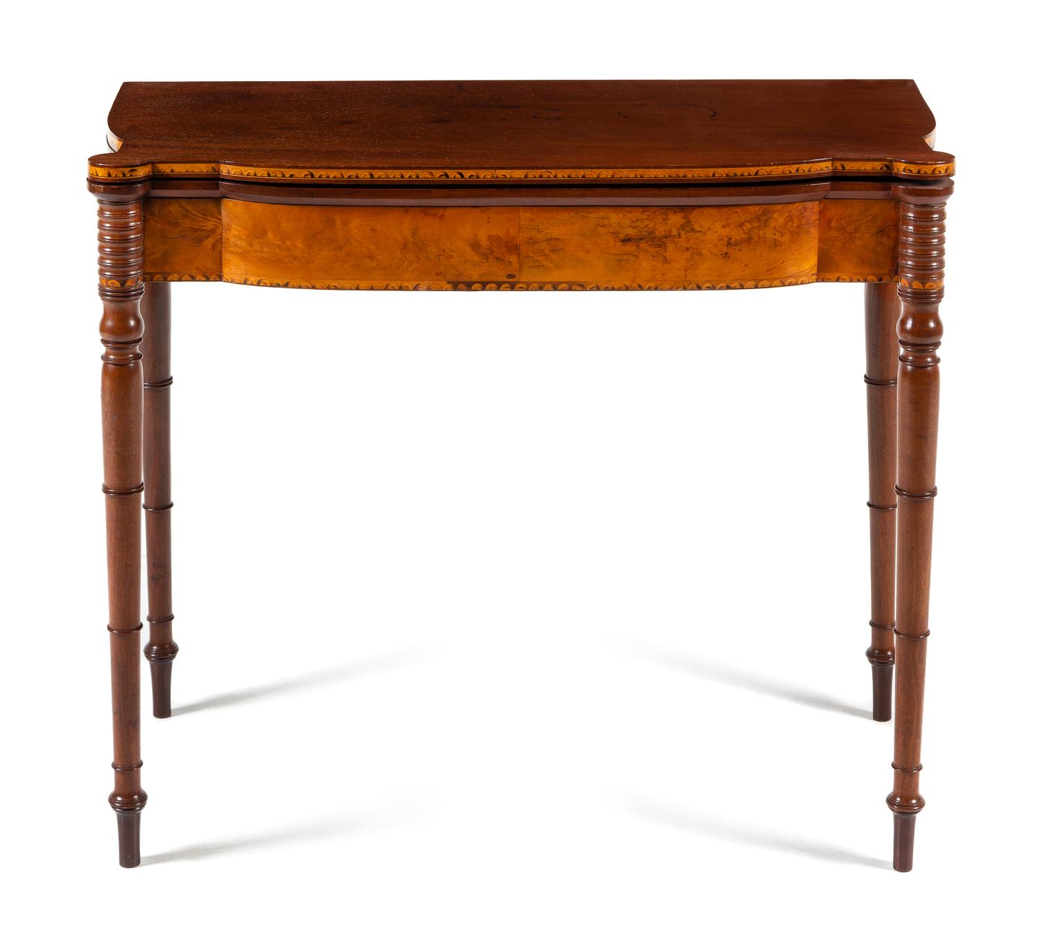 An American Mahogany, Burlwood and Pine Card Table Height 29 1/2 x width 35 1/8 x depth 17 1/4 inches (closed). — BOSTON, MASSACHUSETTS, CIRCA 17901820