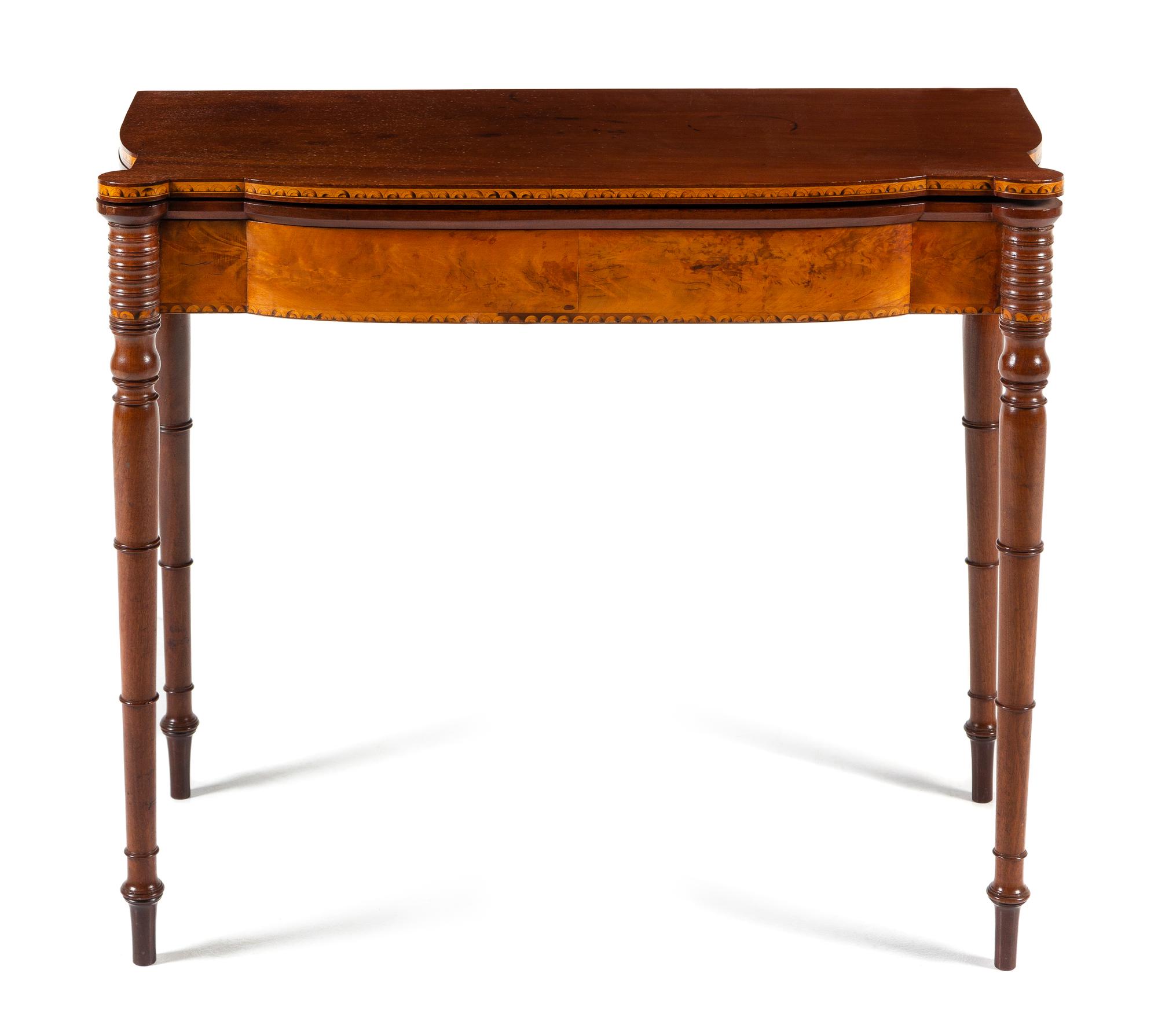An American Mahogany, Burlwood and Pine Card Table Height 29 1/2 x width 35 1/8 x depth 17 1/4 inches (closed). — BOSTON, MASSACHUSETTS, CIRCA 17901820