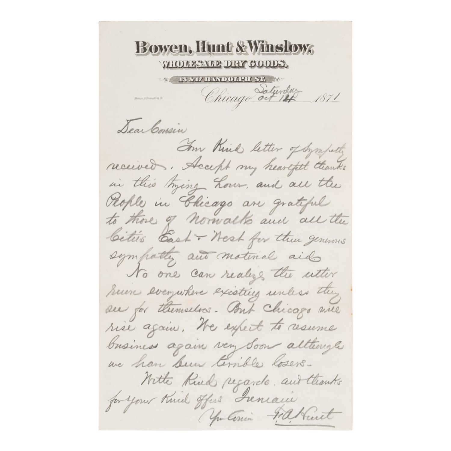 [Chicago Fire]. A large archive of letters, documents, tokens, and ephemera related to the Great Fire.