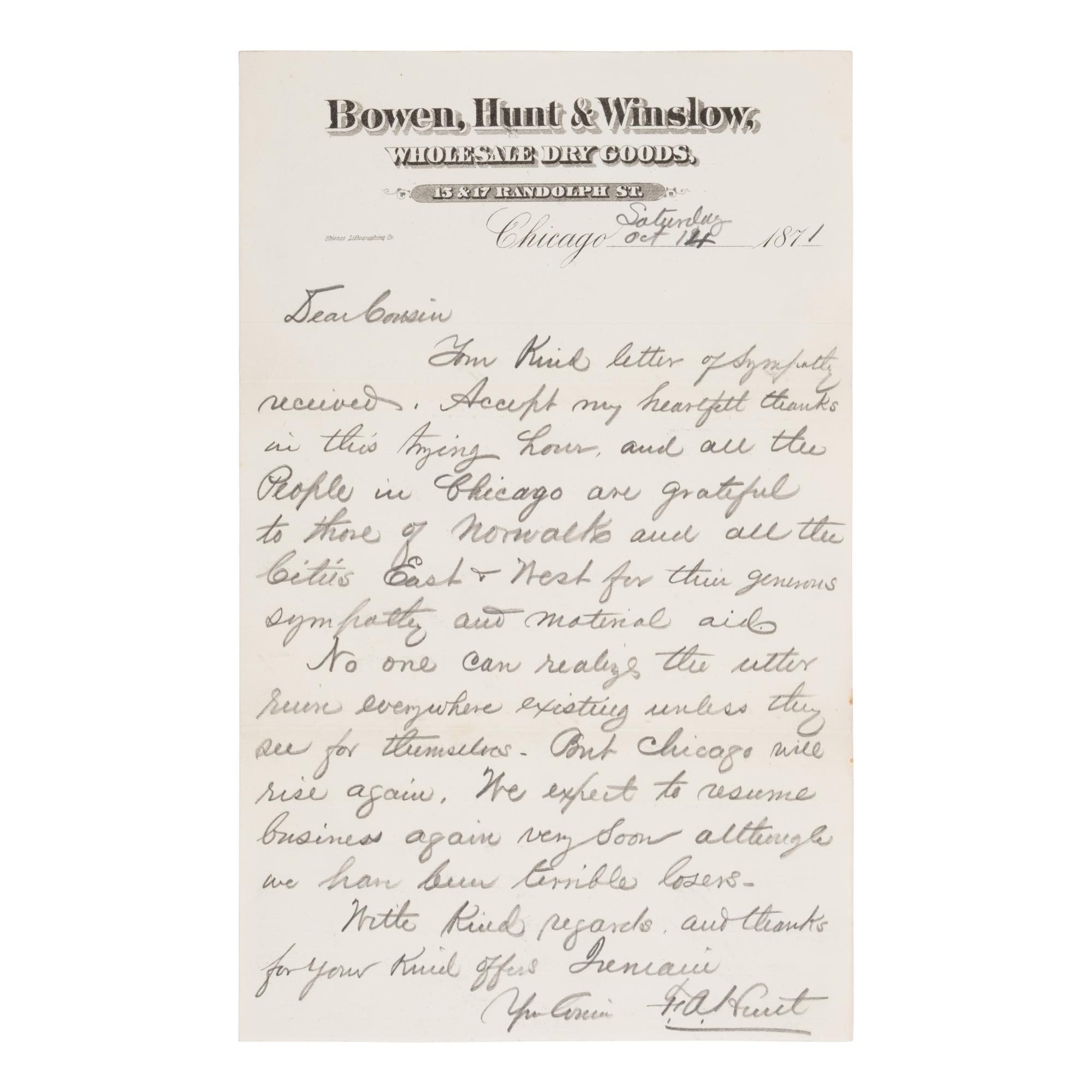 [Chicago Fire]. A large archive of letters, documents, tokens, and ephemera related to the Great Fire.