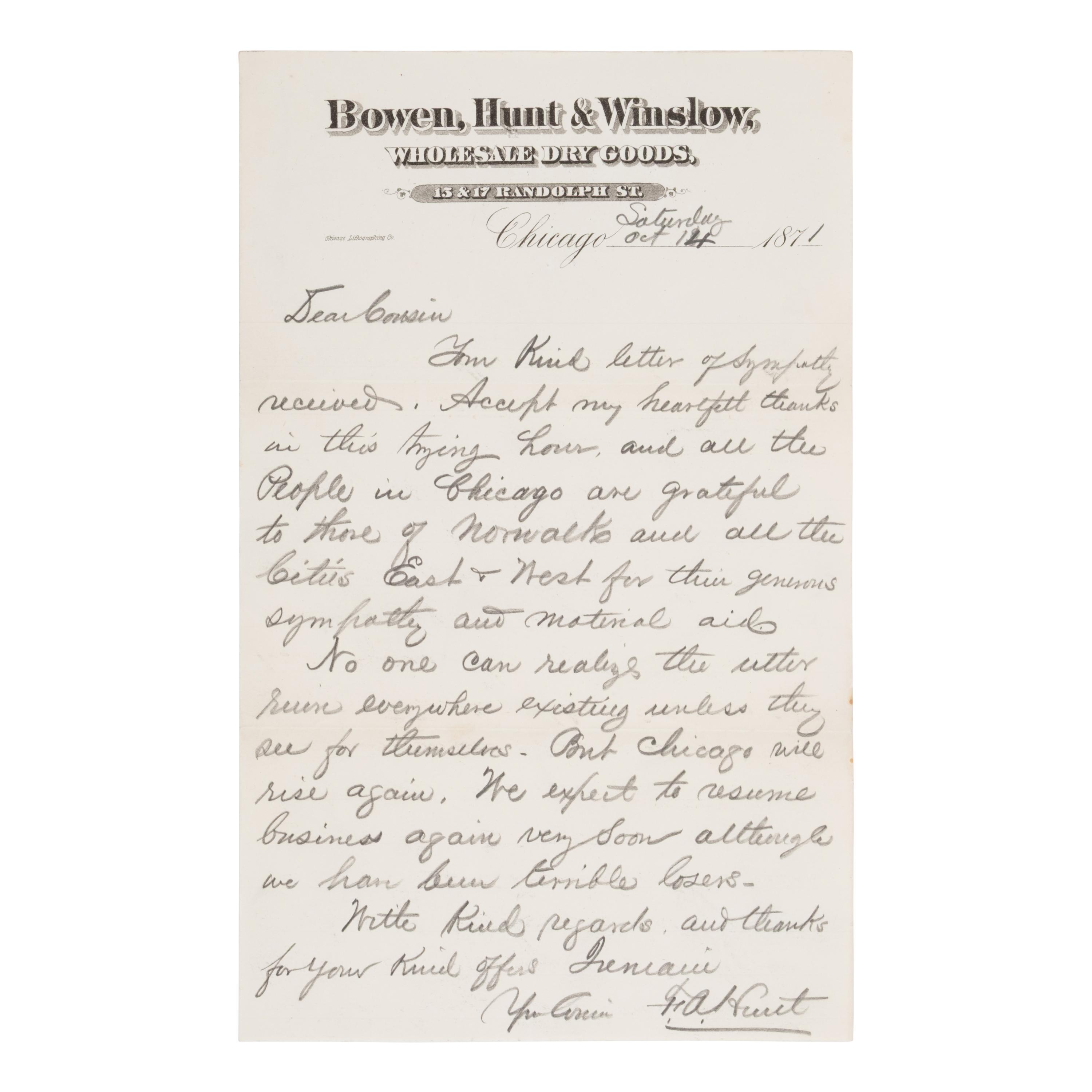 [Chicago Fire]. A large archive of letters, documents, tokens, and ephemera related to the Great Fire.