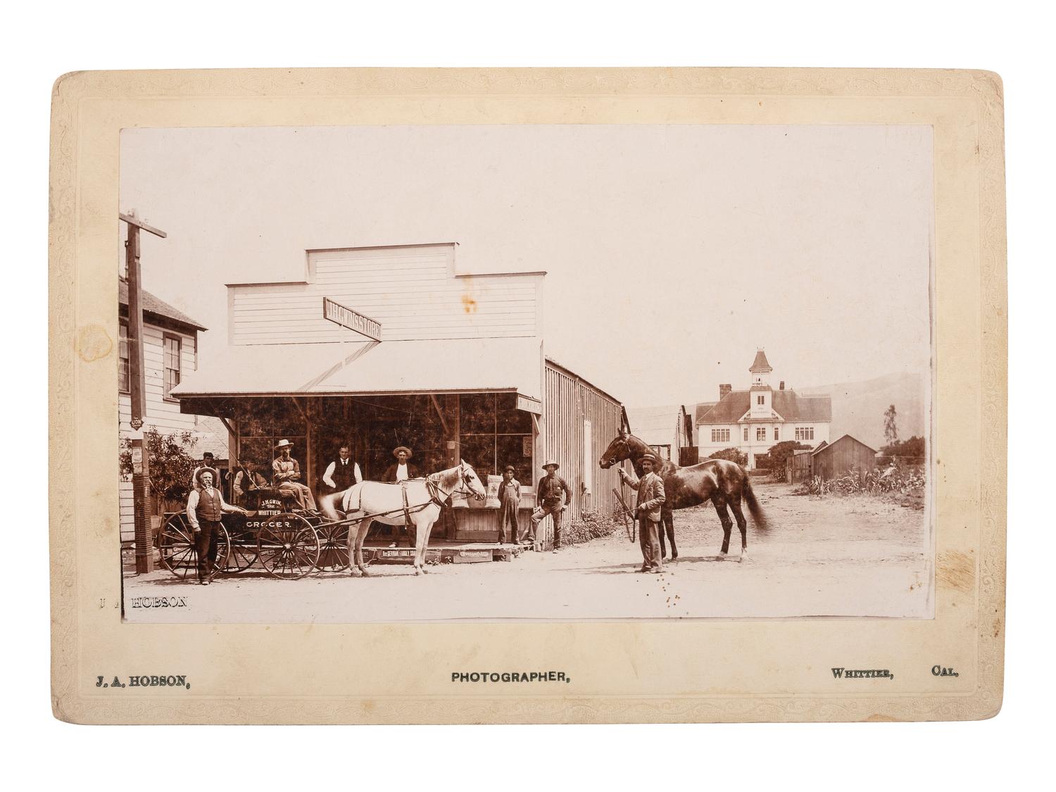 [WESTERN AMERICANA]. HOBSON, J.A., photographer. A view of J.H. Gwin's Grocery Store. Whittier, California: ca 1890s.