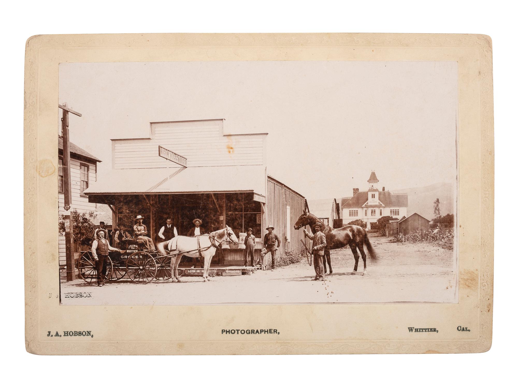 [WESTERN AMERICANA]. HOBSON, J.A., photographer. A view of J.H. Gwin's Grocery Store. Whittier, California: ca 1890s.