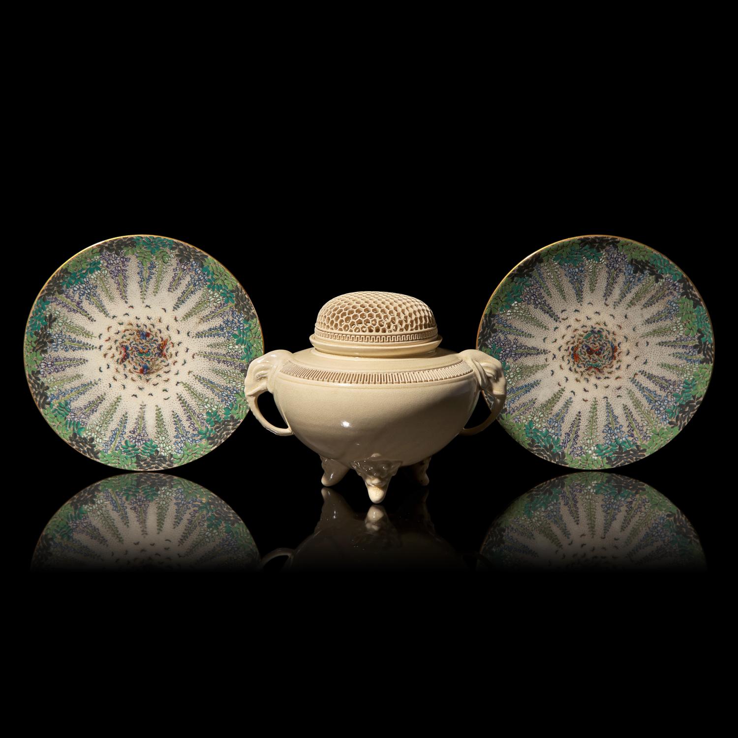 A Pair of 'Butterflies and Wisteria' Small Dishes, Kinkozan Workshop, and a Fine Satsuma-Type Pottery Koro with Pierced Cover, Meiji Period