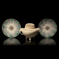 A Pair of 'Butterflies and Wisteria' Small Dishes, Kinkozan Workshop, and a Fine Satsuma-Type Pottery Koro with Pierced Cover, Meiji Period