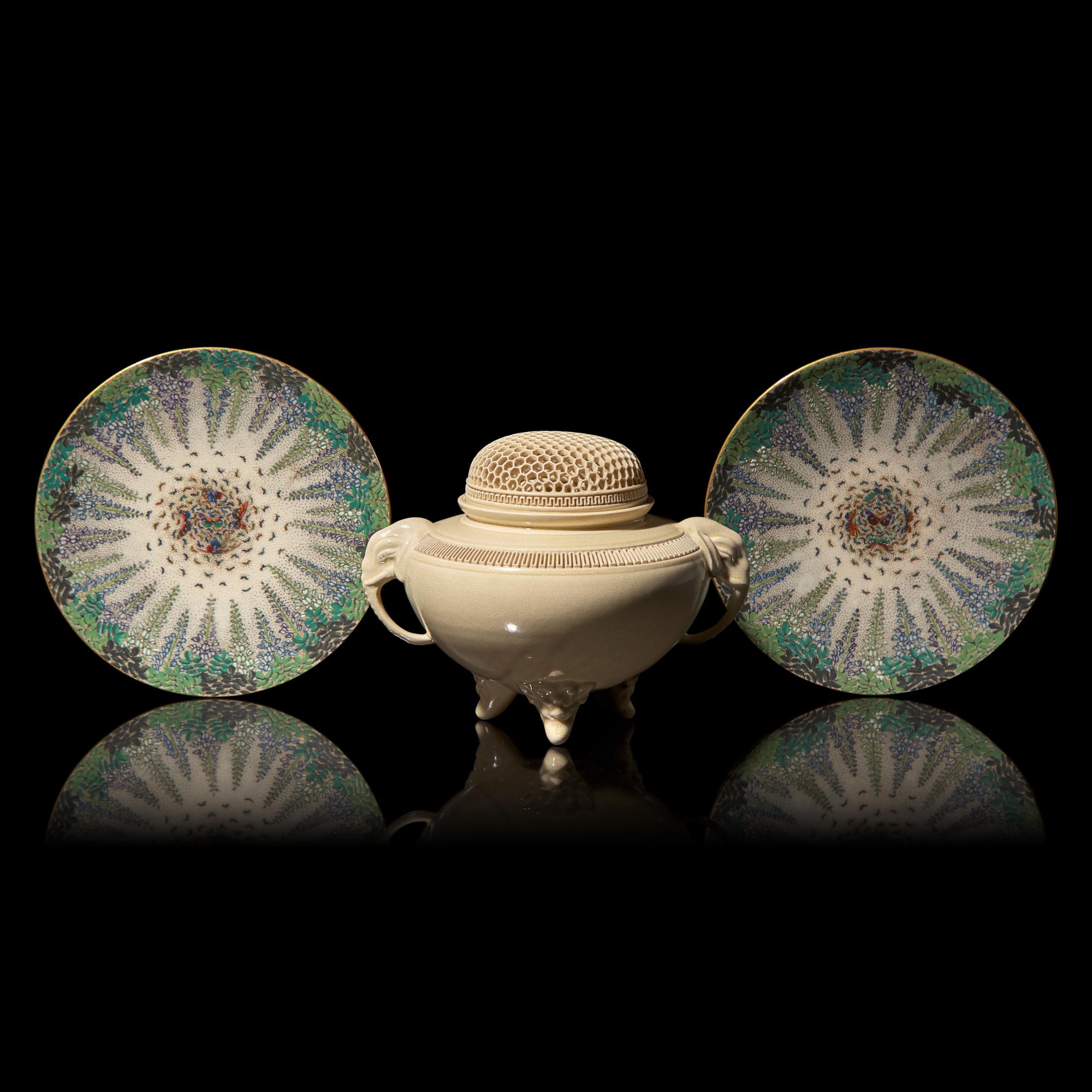 A Pair of 'Butterflies and Wisteria' Small Dishes, Kinkozan Workshop, and a Fine Satsuma-Type Pottery Koro with Pierced Cover, Meiji Period