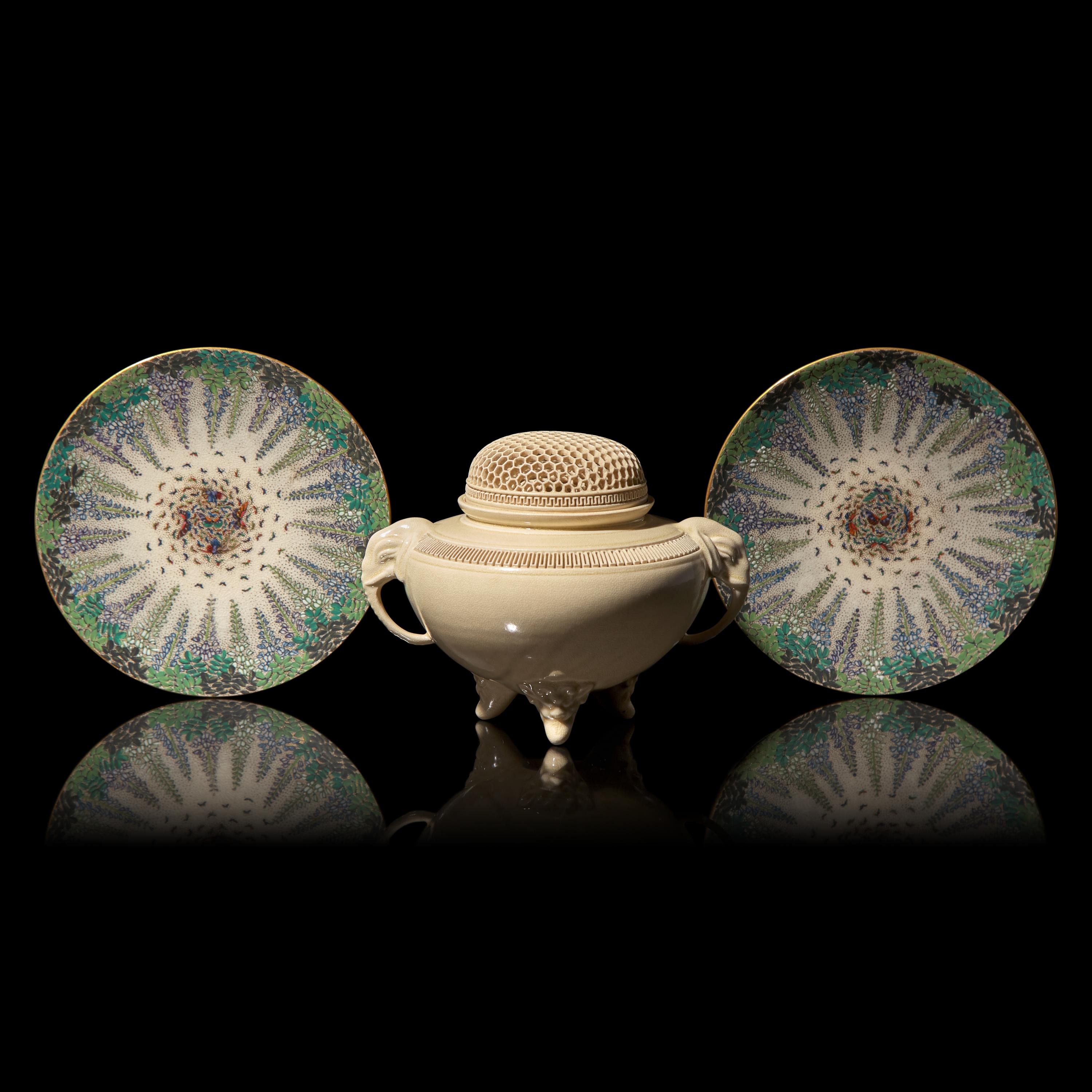 A Pair of 'Butterflies and Wisteria' Small Dishes, Kinkozan Workshop, and a Fine Satsuma-Type Pottery Koro with Pierced Cover, Meiji Period