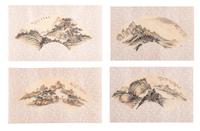 Four 'Landscape' Ink and Color on Paper Folding Fan Leaves