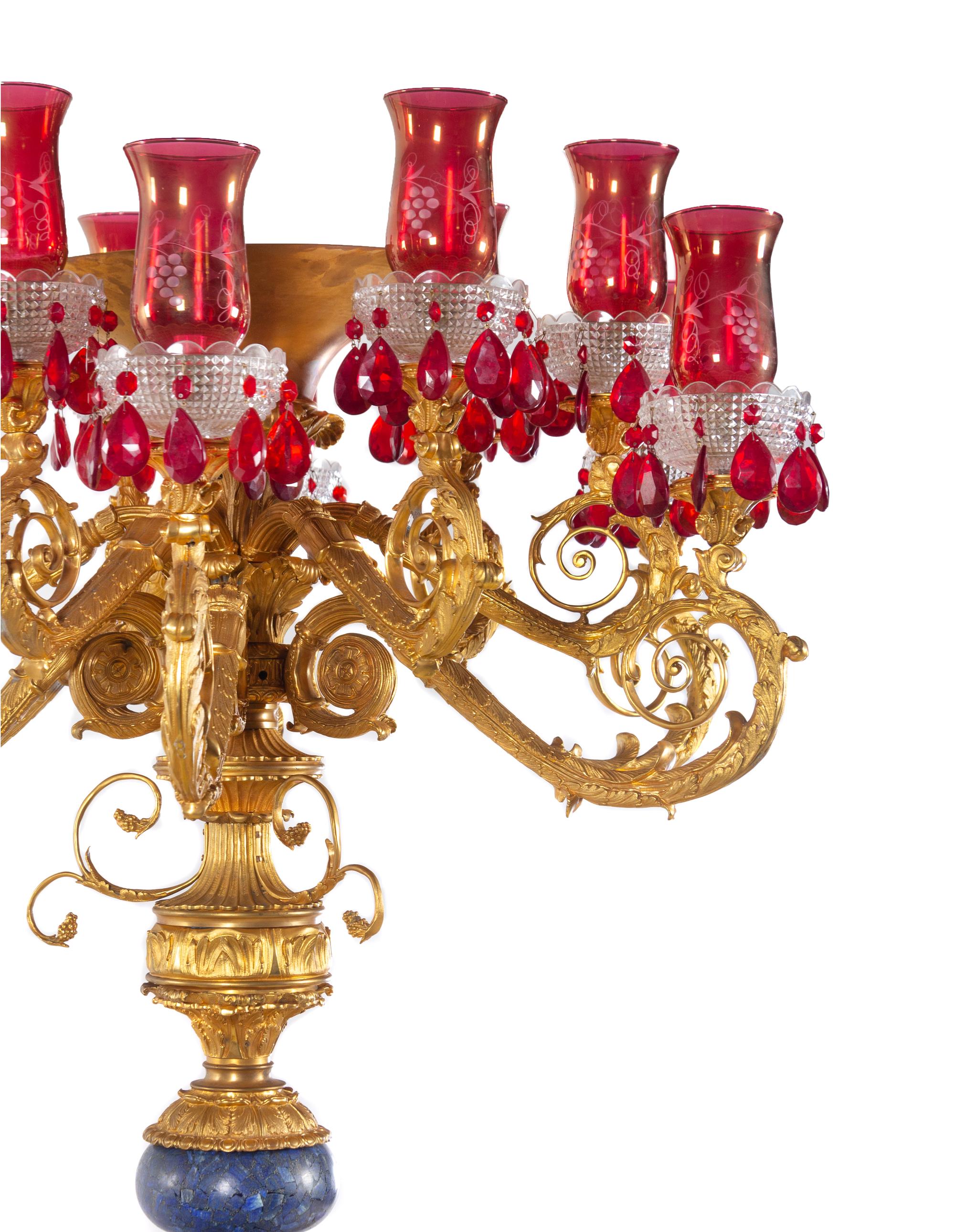 A Pair of Monumental Empire Style Gilt Bronze and Lapis Lazuli Torchères