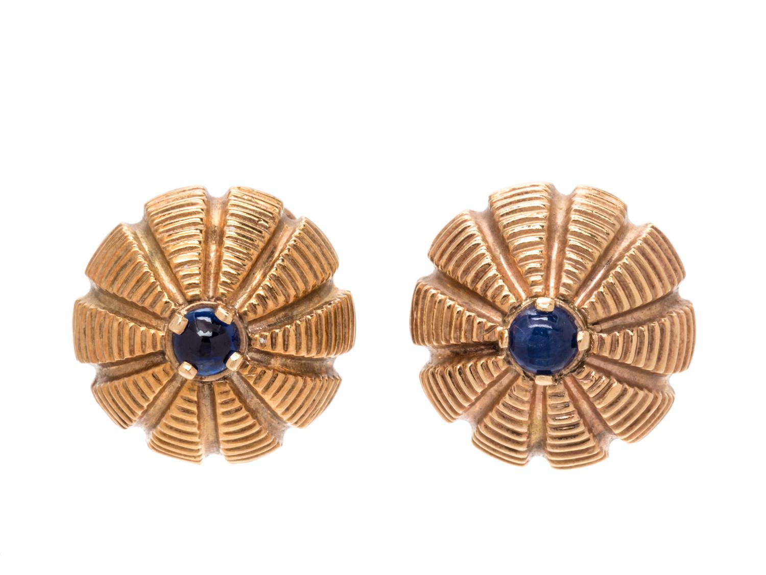A Pair of Yellow Gold and Sapphire Earclips,