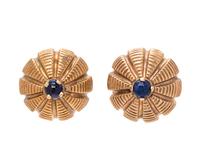 A Pair of Yellow Gold and Sapphire Earclips,