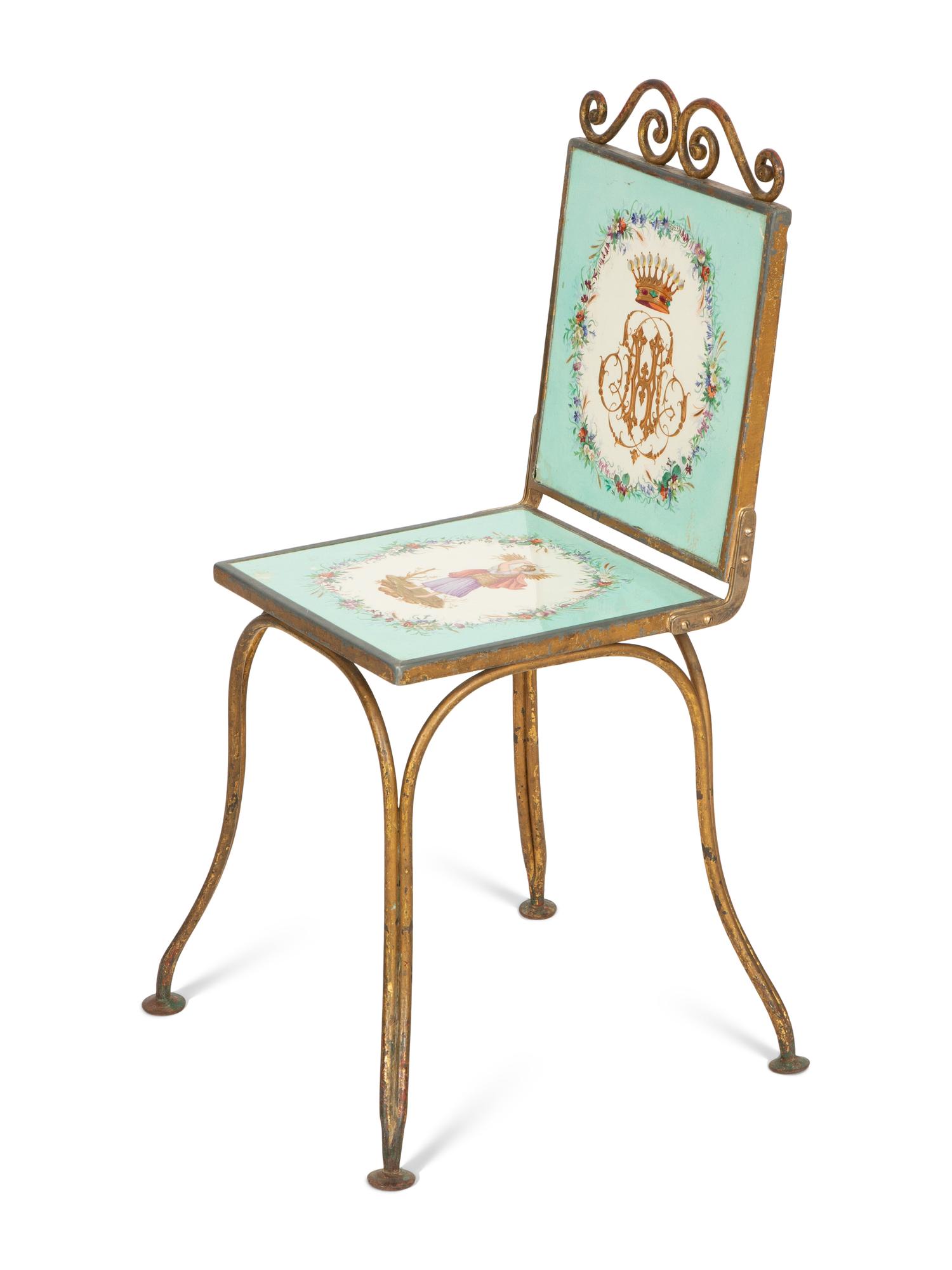 A Gilt Metal Side Chair Inset with Copeland Sèvres Style Porcelain Plaques