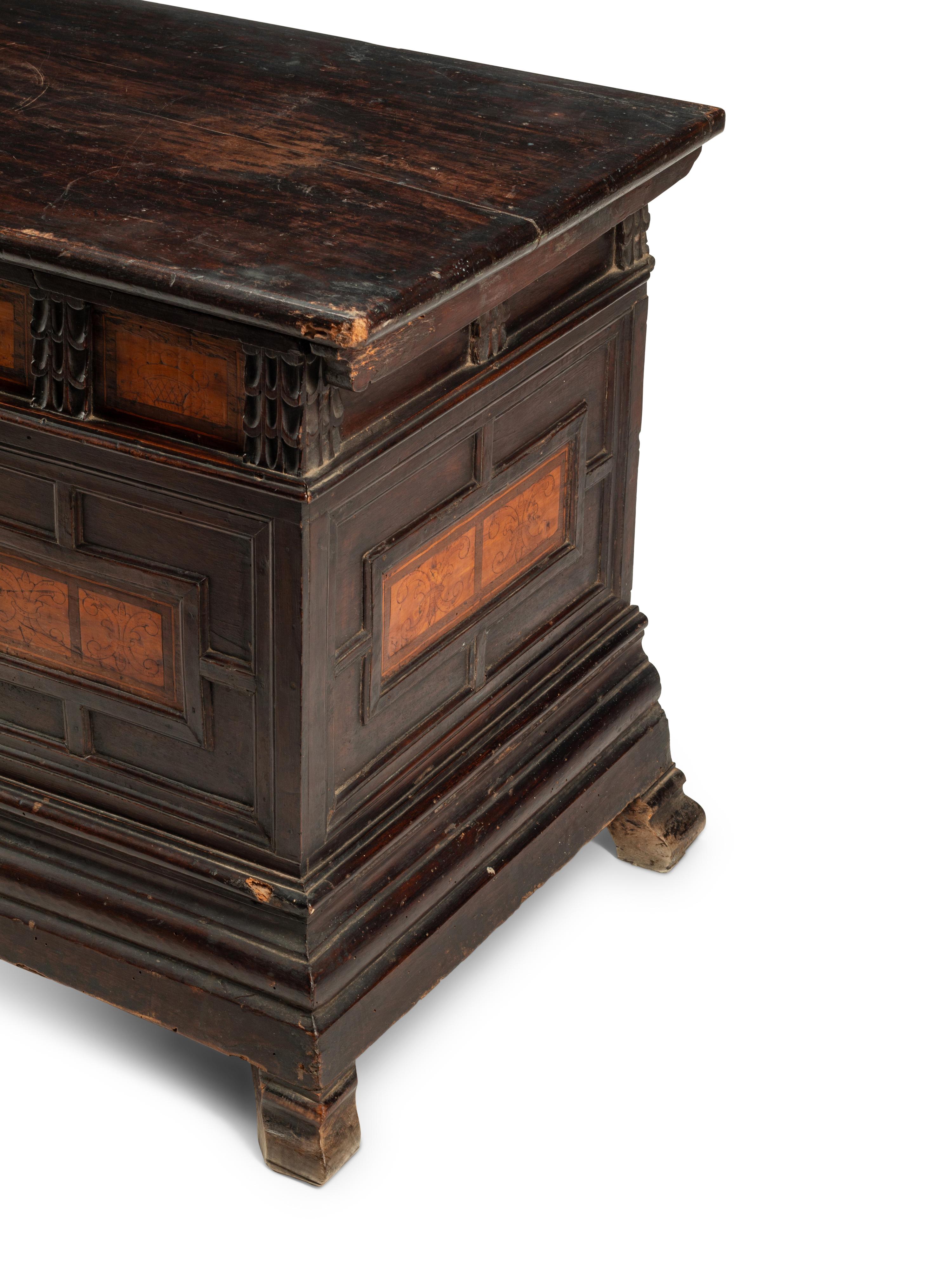 A Continental Walnut and Penwork Coffer