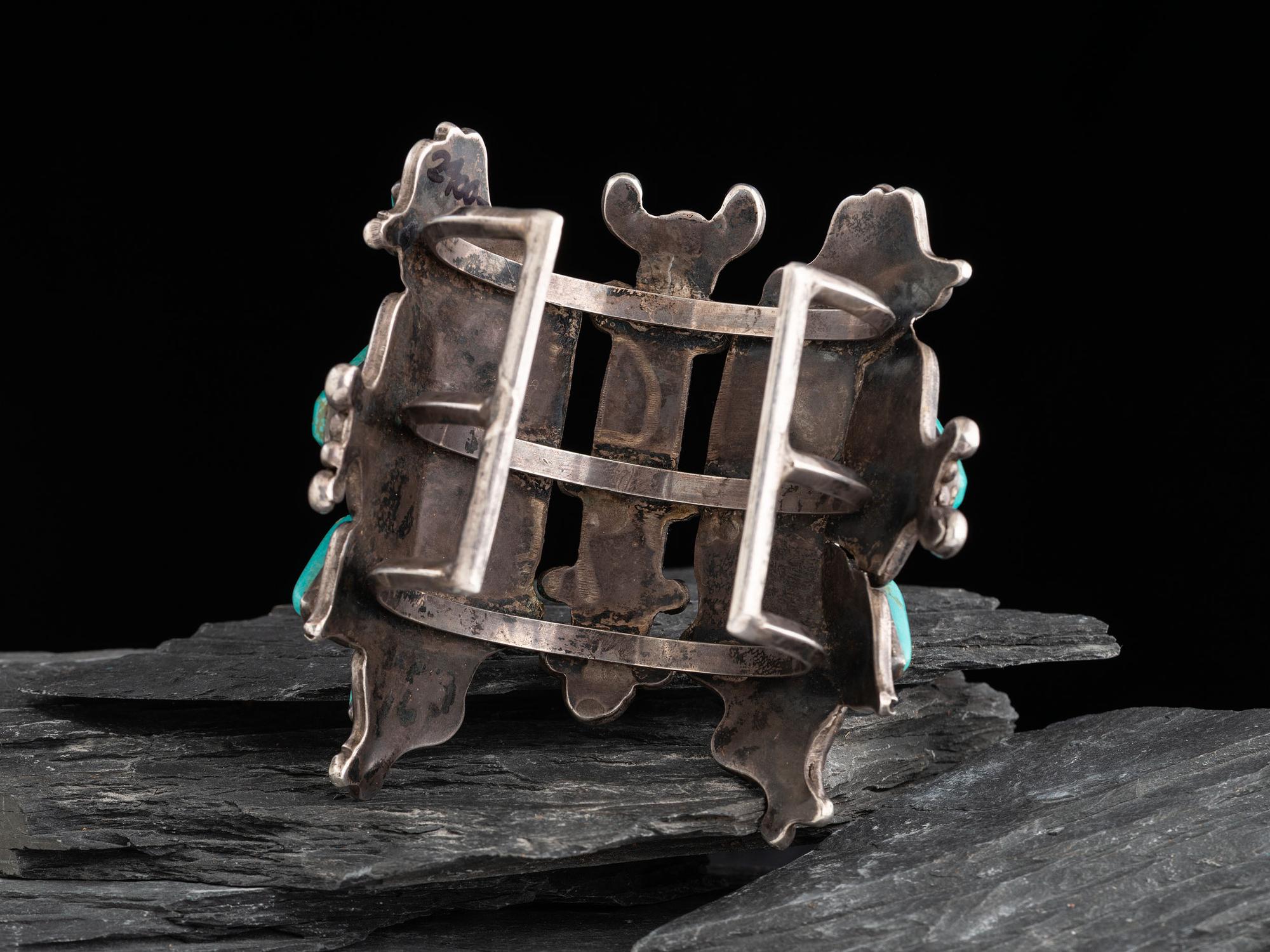 Large Navajo Silver, Turquoise, and Jet Butterfly Statement Cuff Bracelet