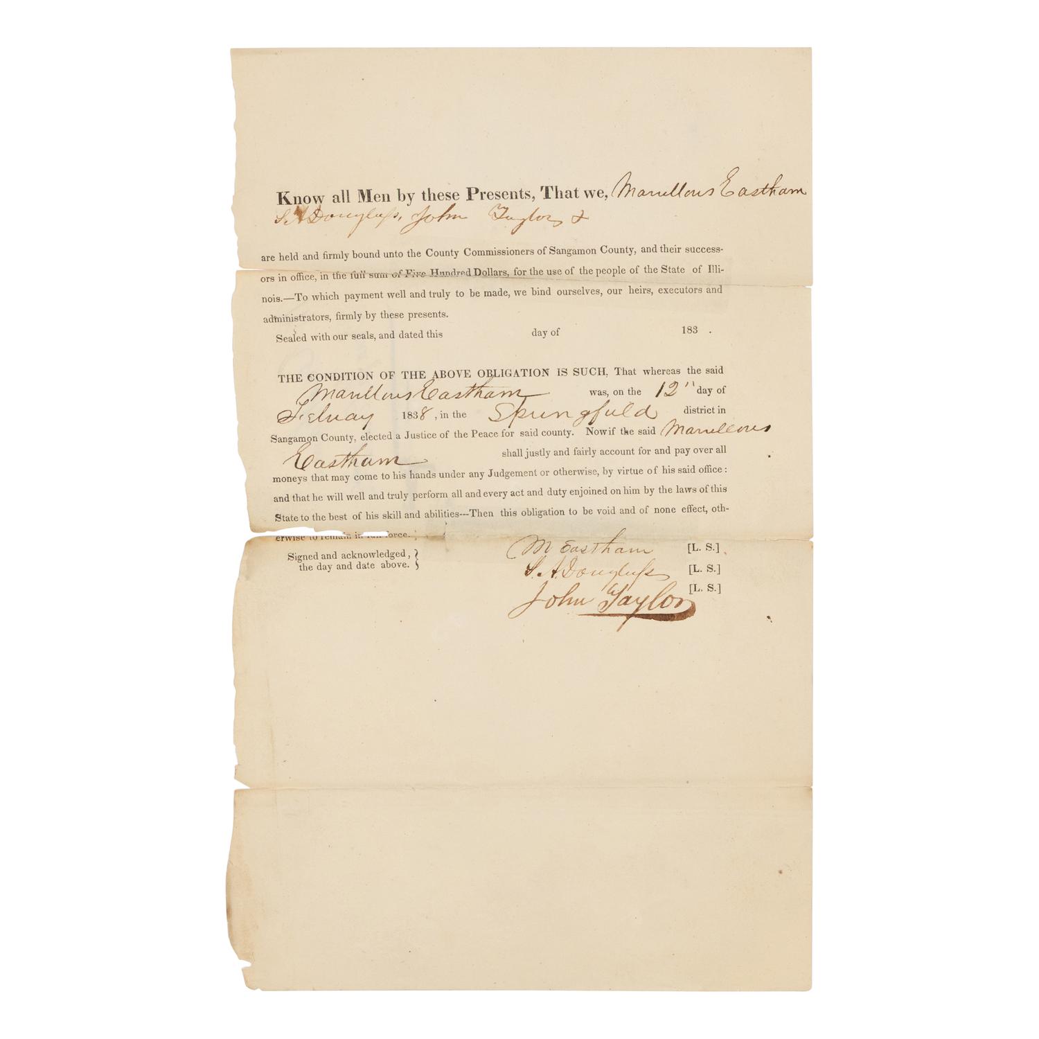 DOUGLAS, Stephen Arnold (1813-1861). A group of 14 documents and letters relating to Douglas's legal and political career, ca 1834-1857, comprising: