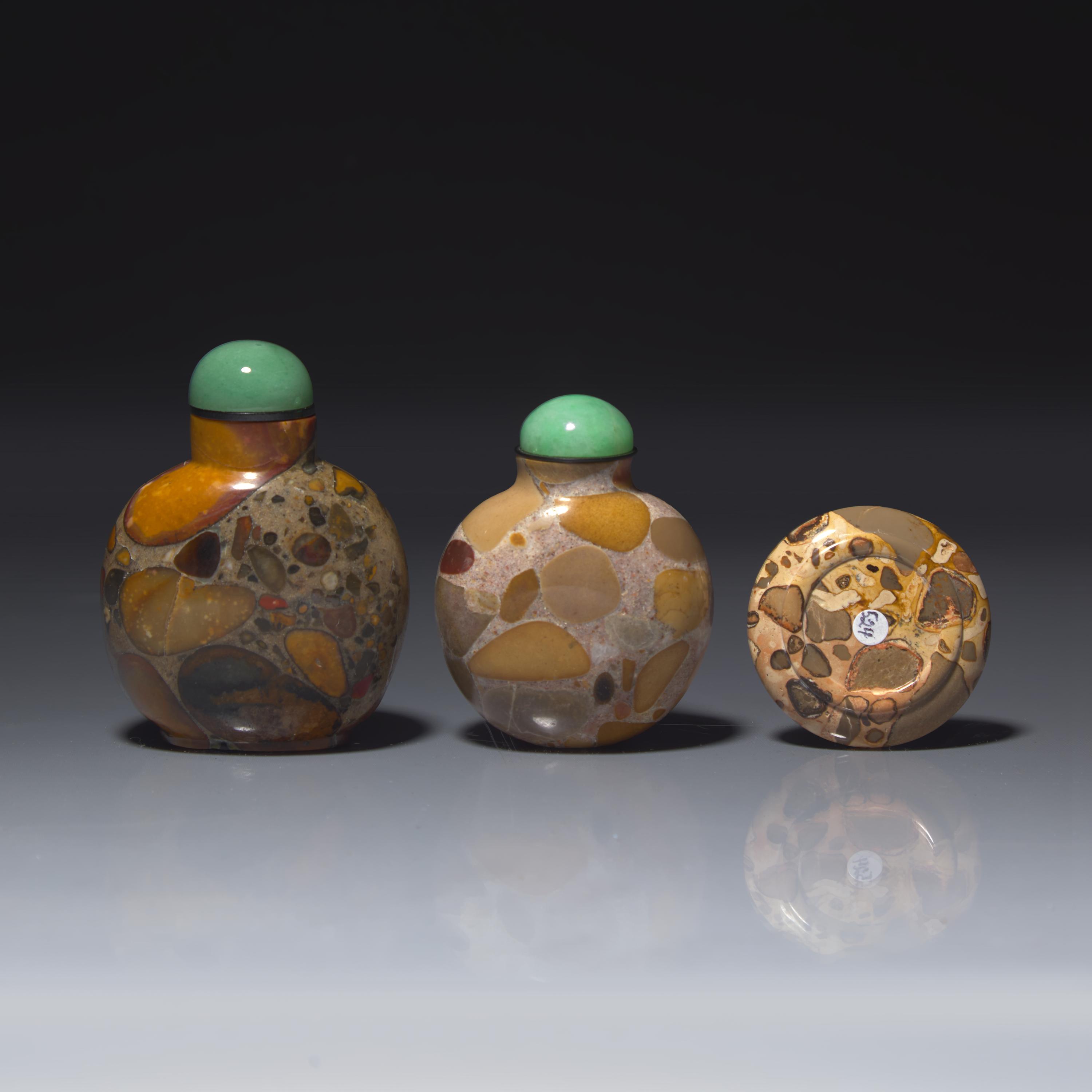 Two Chinese Puddingstone Snuff Bottles, Qing Dynasty, 18th-19th Century, and a Puddingstone Snuff Dish — 清中期 抱子石鼻煙壺兩支及煙碟