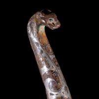 Two Chinese Silver Inlaid Bronze 'Tiger' Belt Hooks, Warring States Period-Qin Dynasty 戰國-秦 虎首錯金銀帶 鉤 兩件