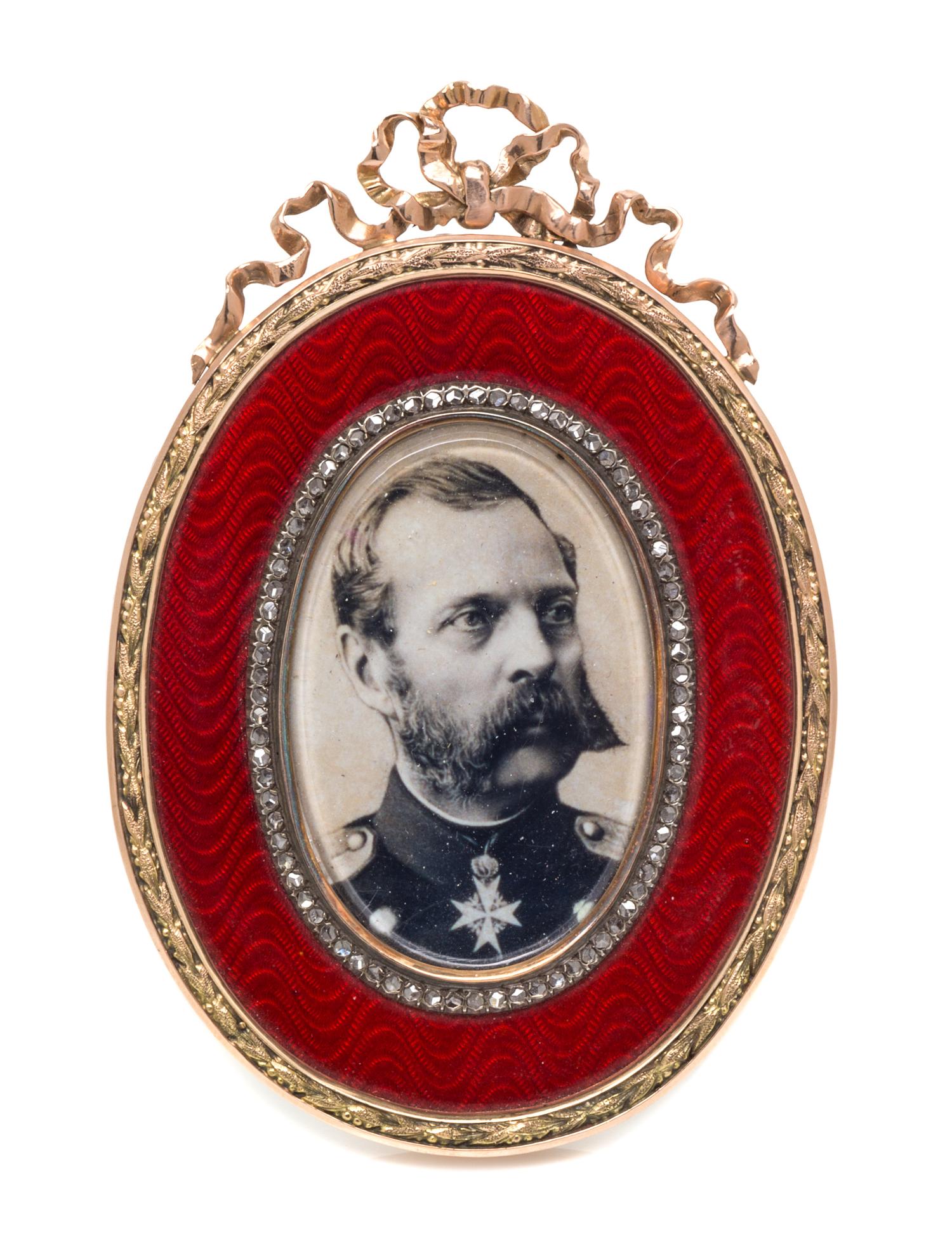 A Russian Guilloche Enamel, Gold and Diamond Picture Frame, Mark of Faberge, maker's mark of Henrik Wigstrom, St. Petersburg, late 19th