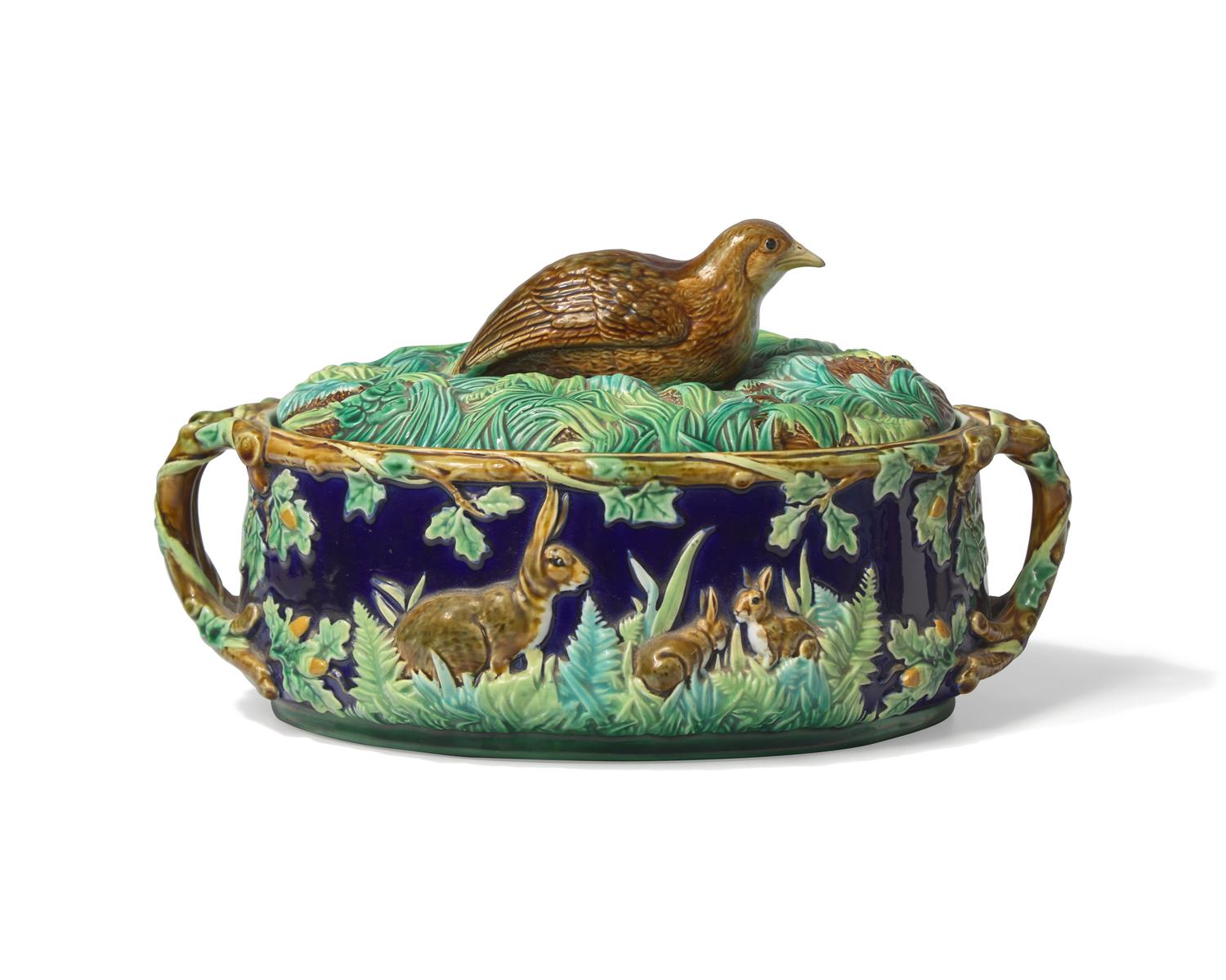 An English Majolica Covered Game Pie Tureen