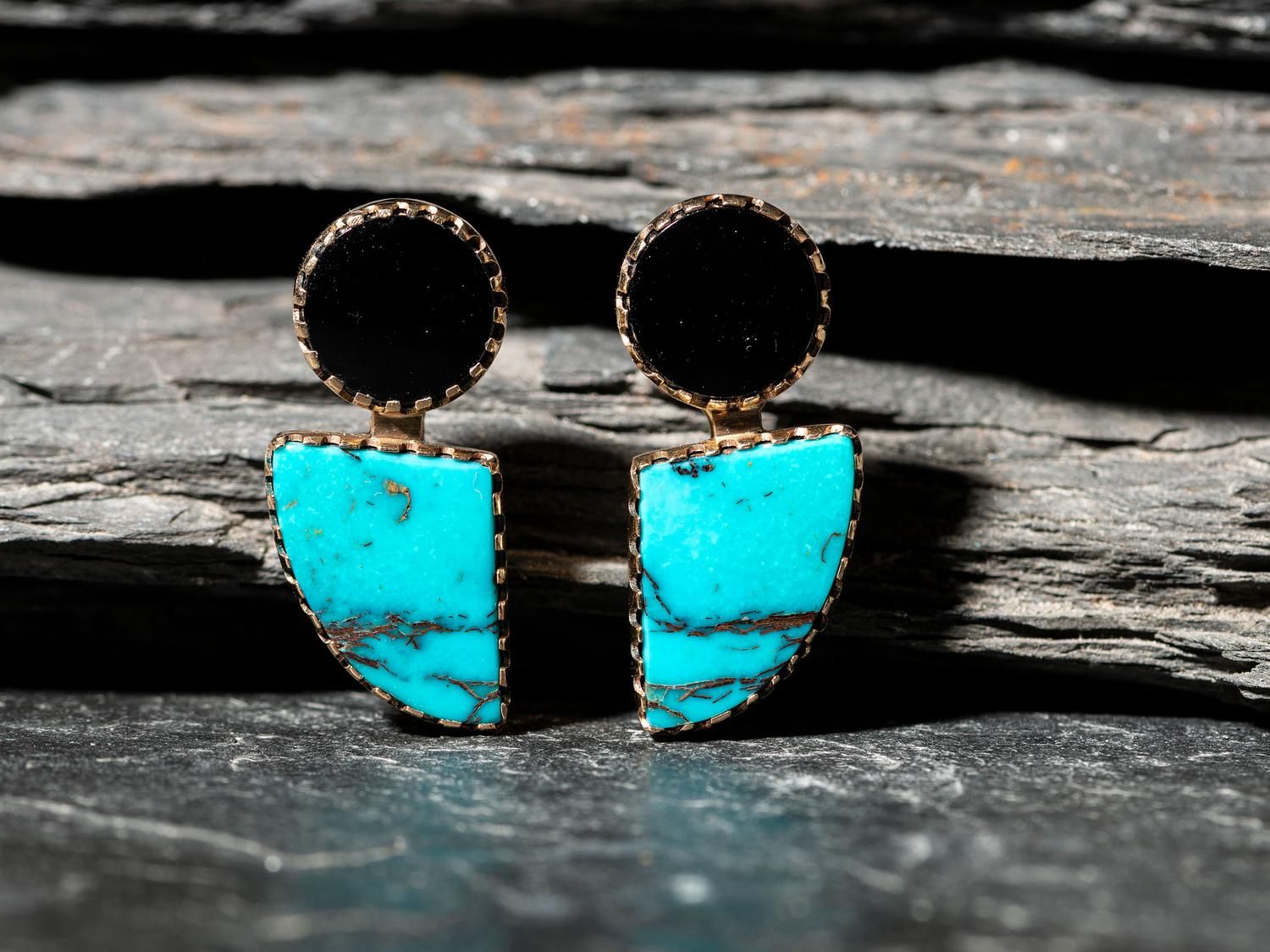 14K Gold, Onyx, and Turquoise Clip Earrings
