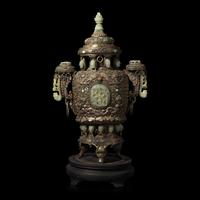 A Mongolian Jade Inset Incense Burner 蒙古式嵌玉香爐
