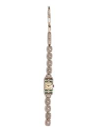 An Art Deco 18 Karat White Gold, Platinum, Diamond and Gemstone Wristwatch,