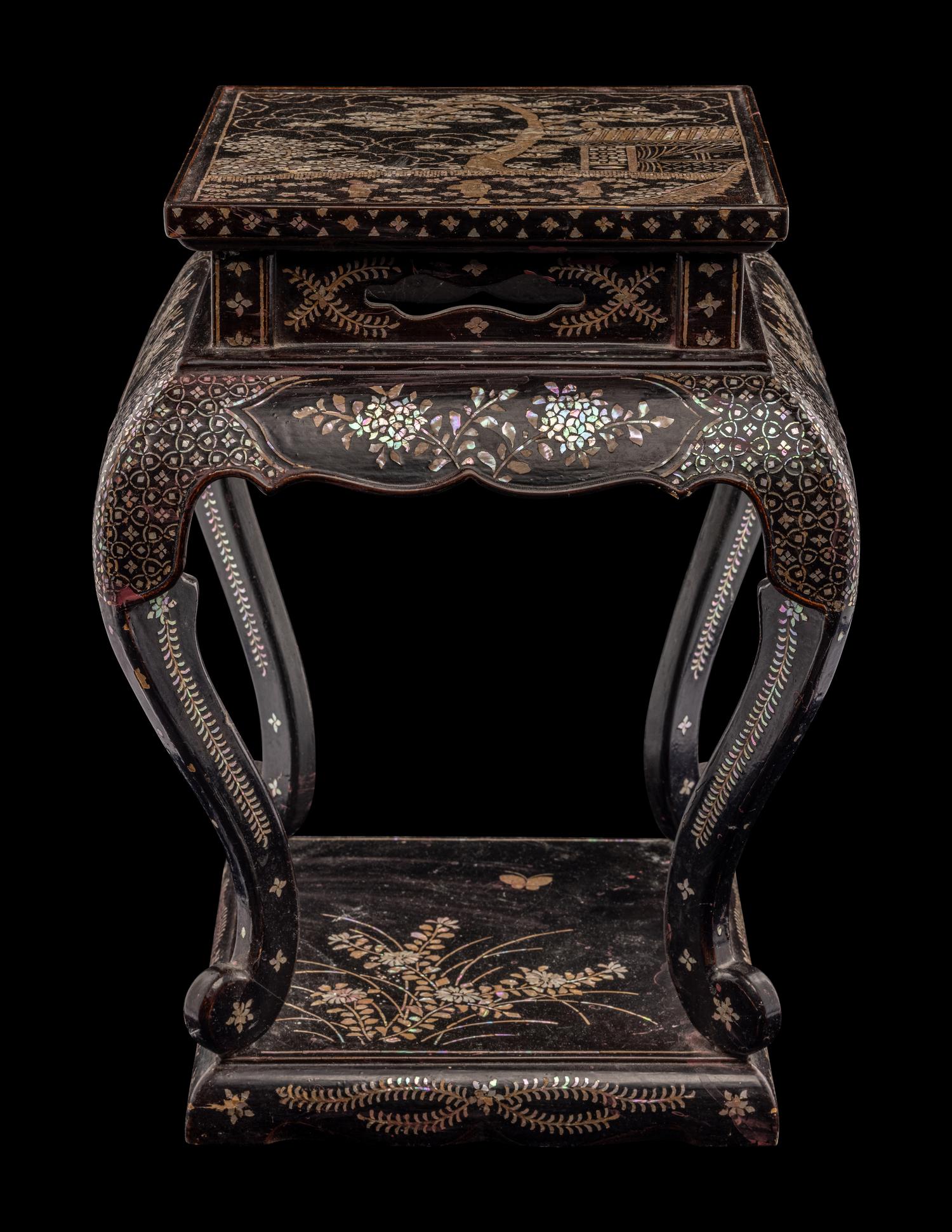 A Japanese Mother-of-Pearl Inlaid Black Lacquer Stand