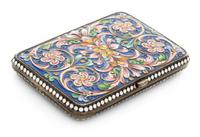 A Russian Enameled Silver Cigarette Case, Maker's Mark Obscured, Moscow, Late 19th/Early 20th Century, the case with polychrome enamel