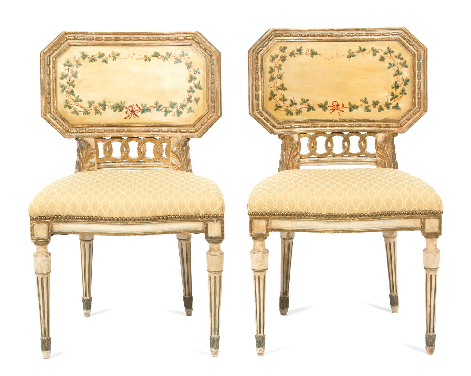 A Pair of Italian Directoire Style Painted and Parcel Gilt Side Chairs Height 33 1/2 inches. — 19TH CENTURY