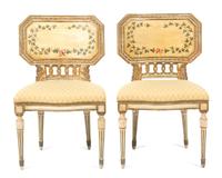 A Pair of Italian Directoire Style Painted and Parcel Gilt Side Chairs Height 33 1/2 inches. — 19TH CENTURY