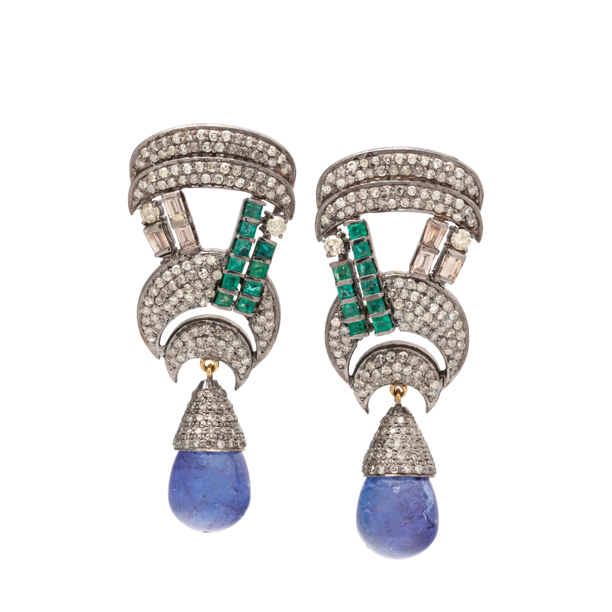 DIAMOND, EMERALD AND TANZANITE EARRINGS