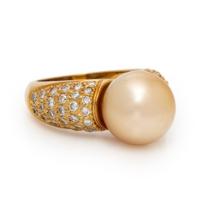 Gold Cultured Pearl, Diamond, and Yellow Gold Ring