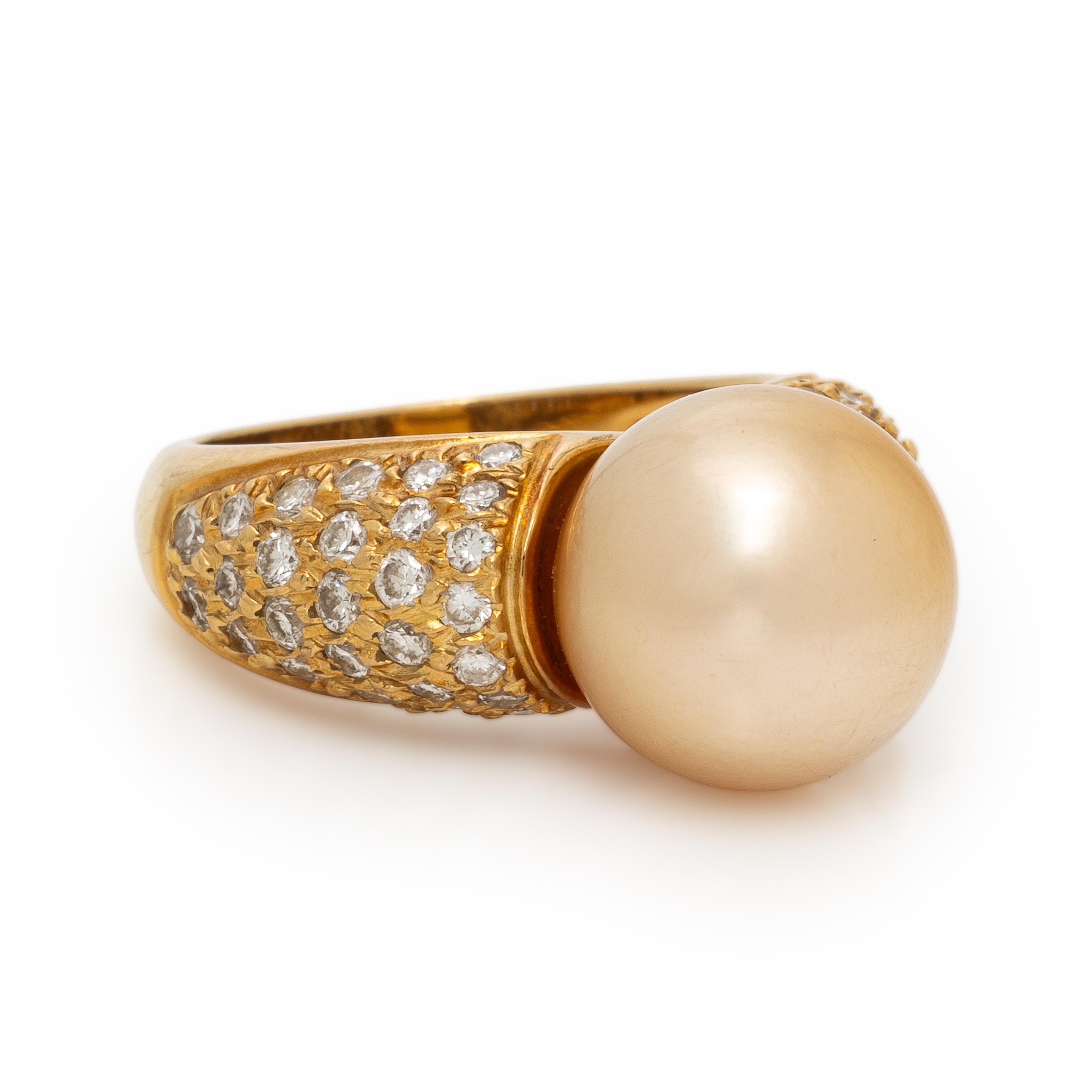 Gold Cultured Pearl, Diamond, and Yellow Gold Ring
