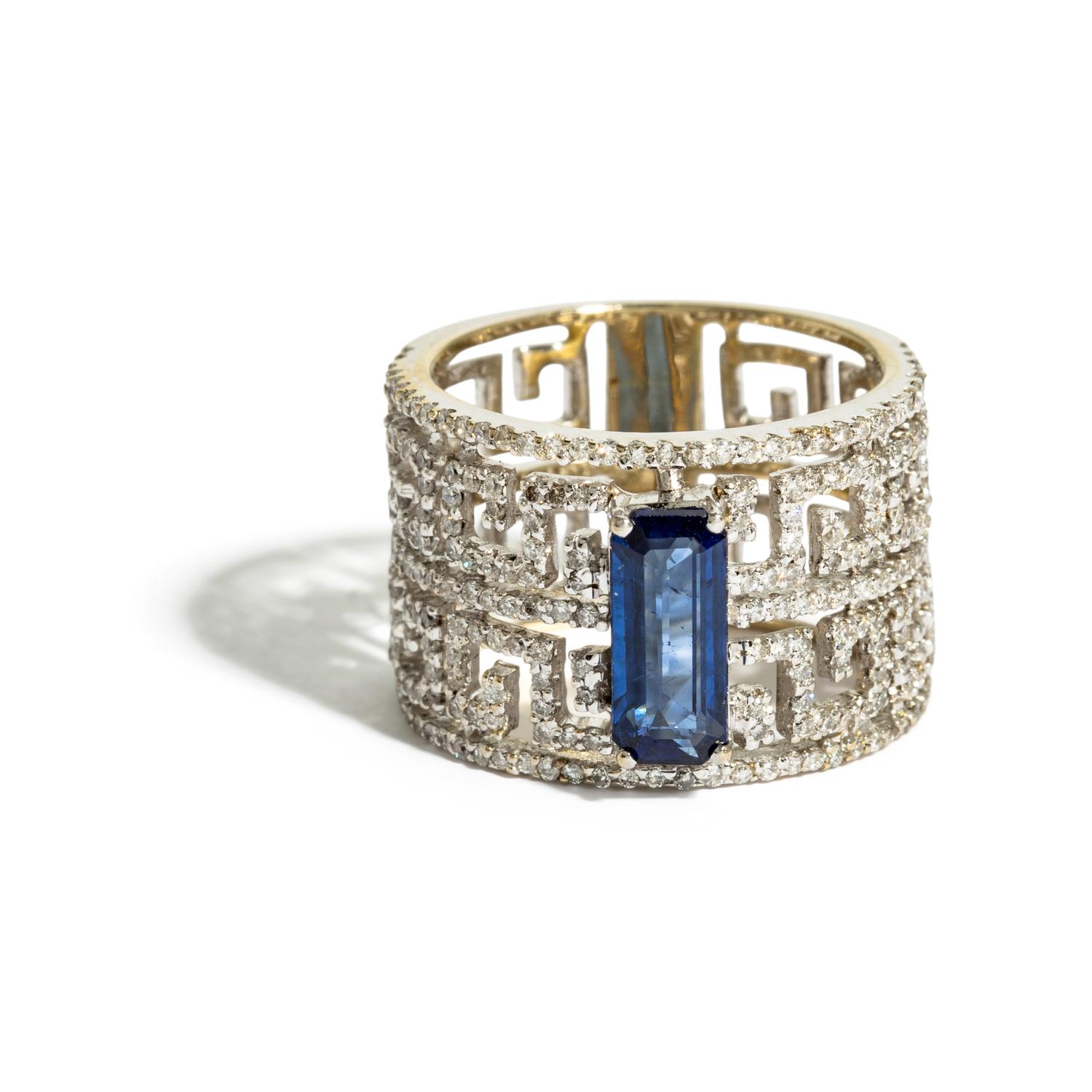 WHITE GOLD, SAPPHIRE, AND DIAMOND RING AND EARRINGS