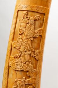 A Pair of Chinese Export Carved Bone Tusks with Wood Bases