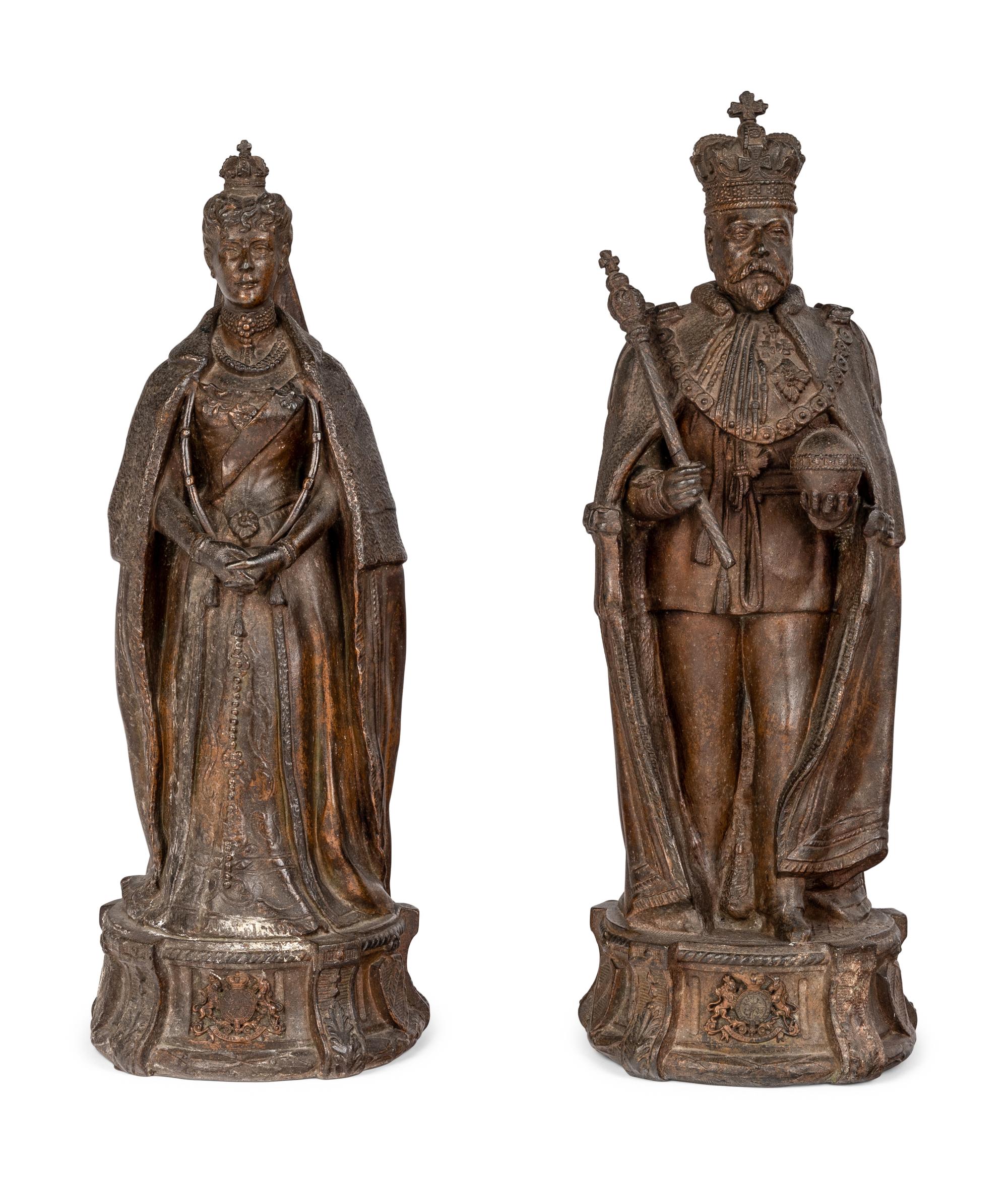 A Pair of Edwardian Cast Metal Commemorative Models of Edward VII and Queen Alexandra