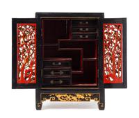 A Small Gilt Decorated Red Lacquered Wood Kang Cabinet, Kanggui Height 20 x width 14 x depth 9 3/8 inches. — 19TH CENTURY