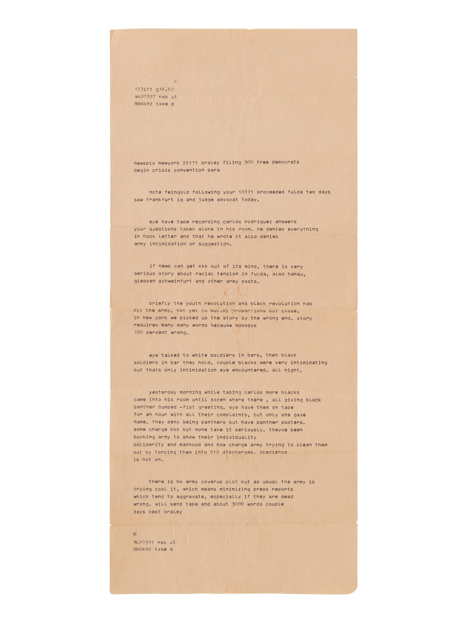 [VIETNAM]. 4 items, incl. typed report from Russell Braley detailing racial tension in the army.