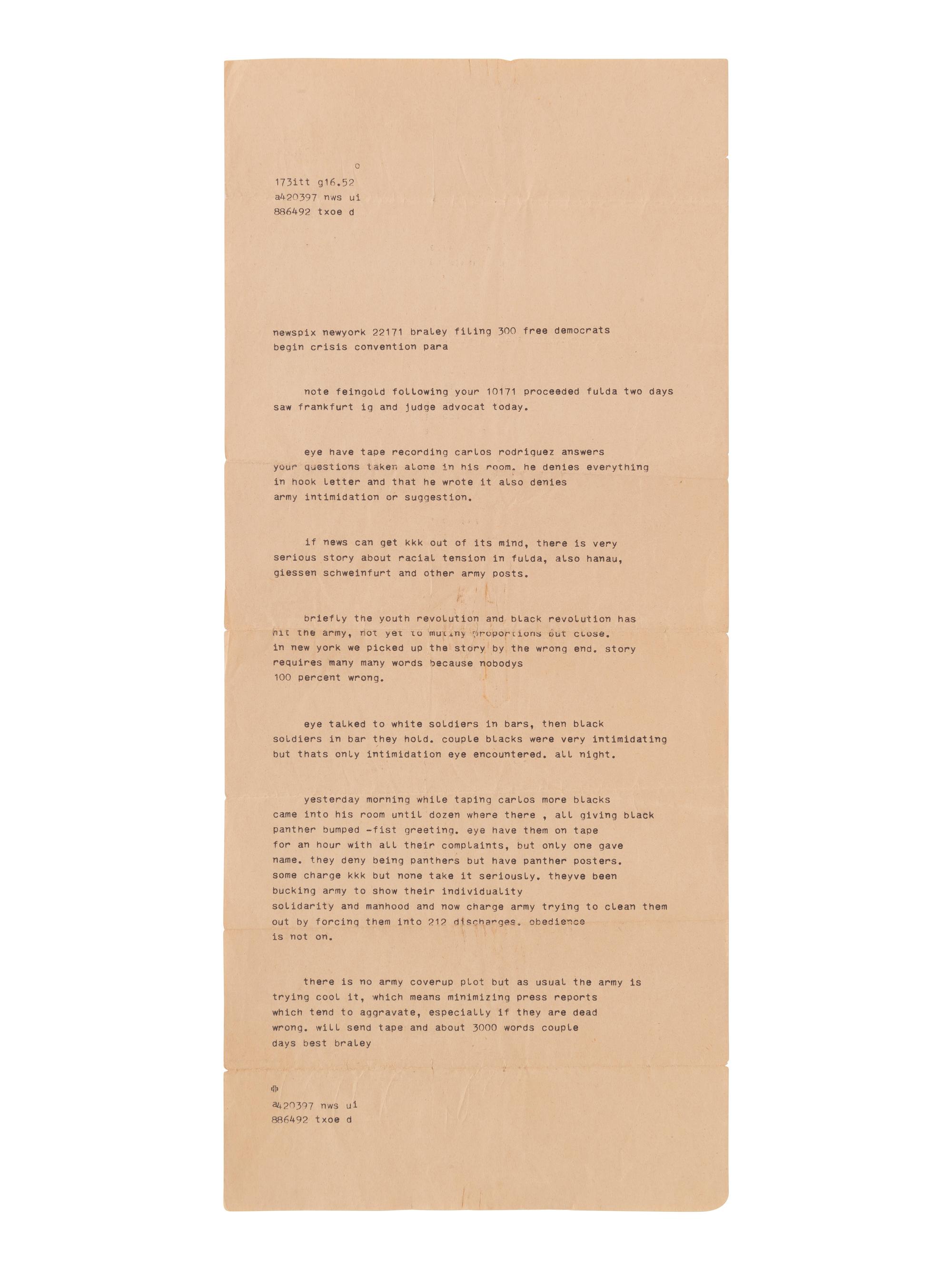 [VIETNAM]. 4 items, incl. typed report from Russell Braley detailing racial tension in the army.